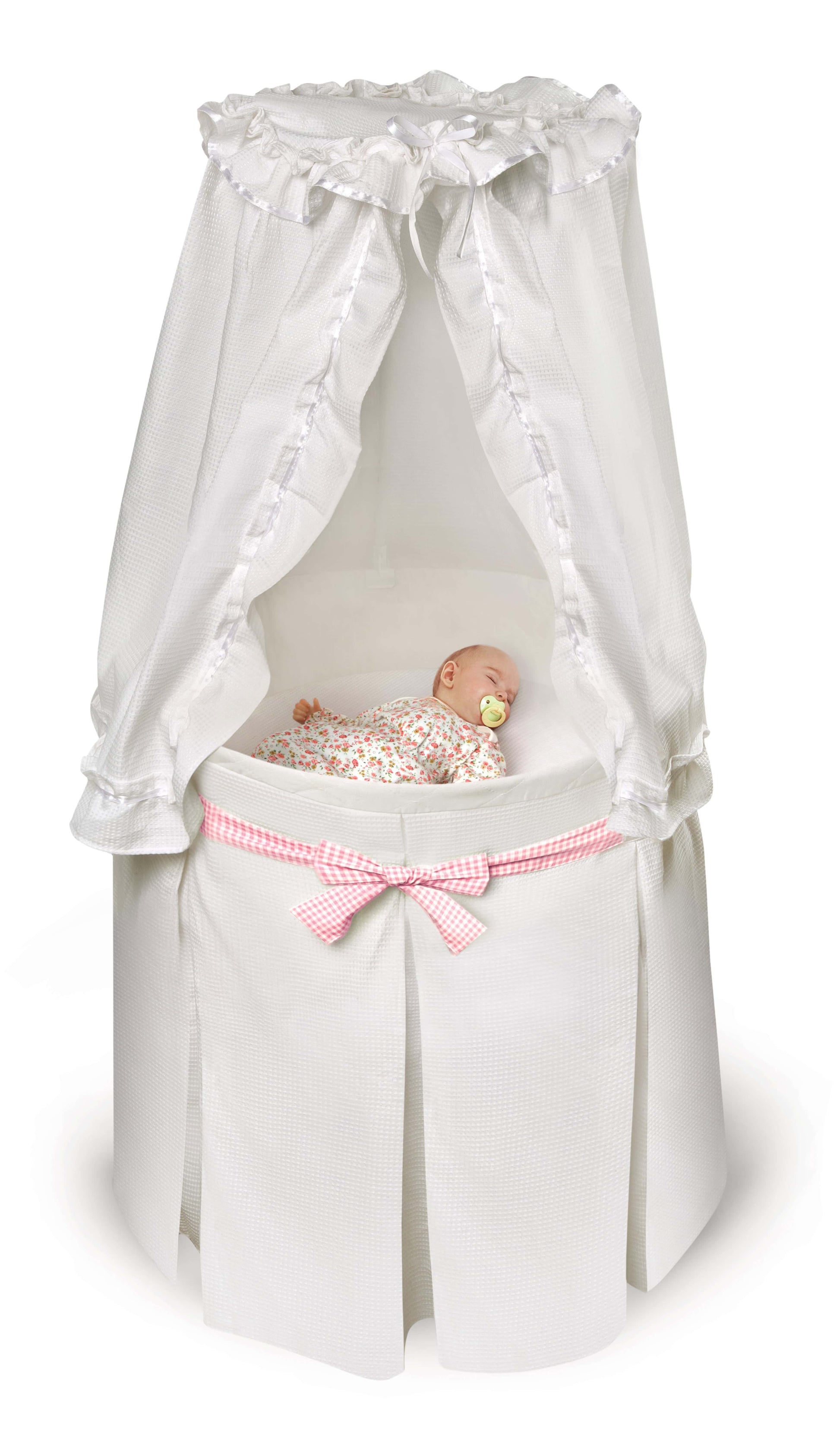 Empress Round Baby Bassinet with Canopy - Front View of Empress Round Baby Bassinet Pink Ribbon with Canopy White With Baby Sleeping Inside