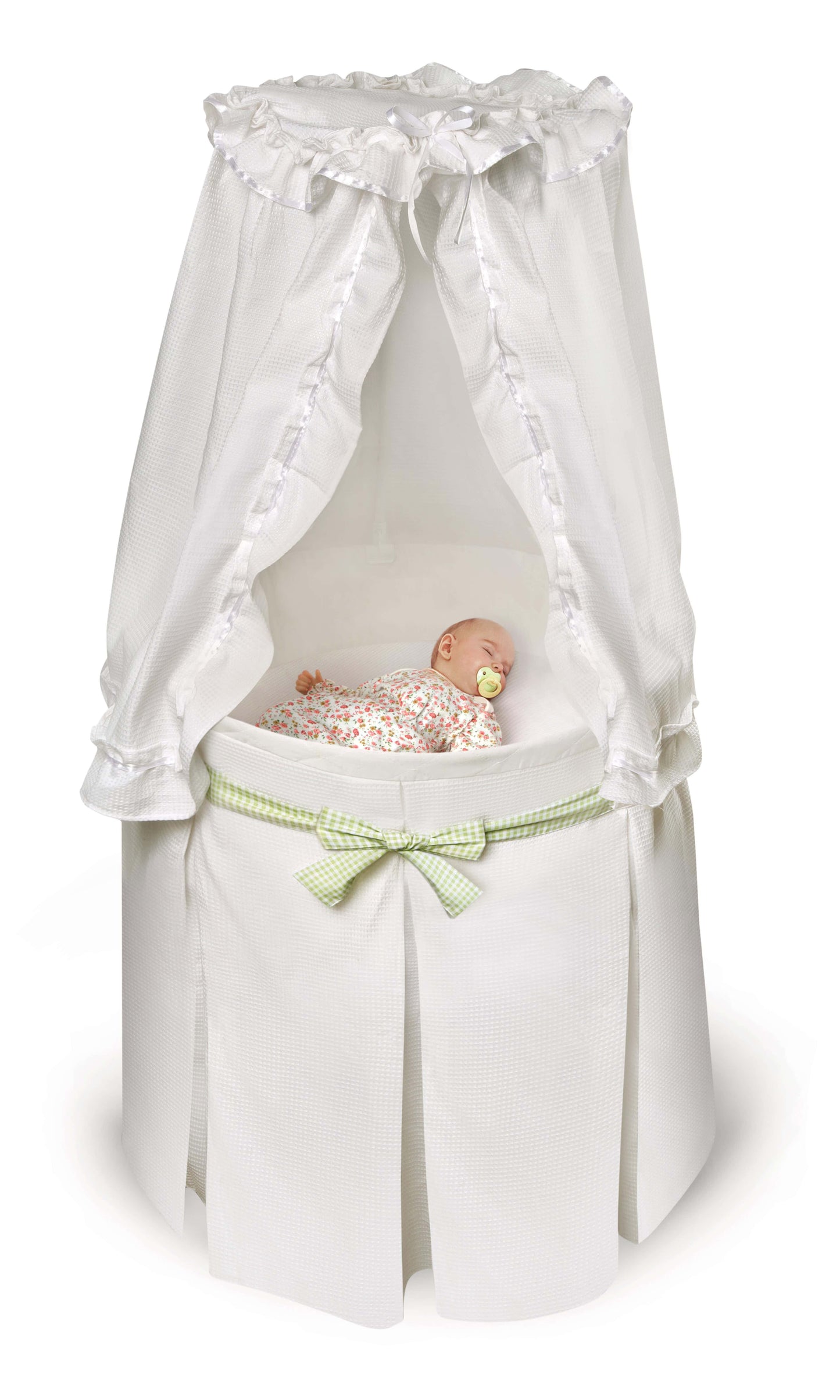 Empress Round Baby Bassinet with Canopy - Front View of Empress Round Baby Bassinet Green Ribbon with Canopy White With Baby Sleeping Inside