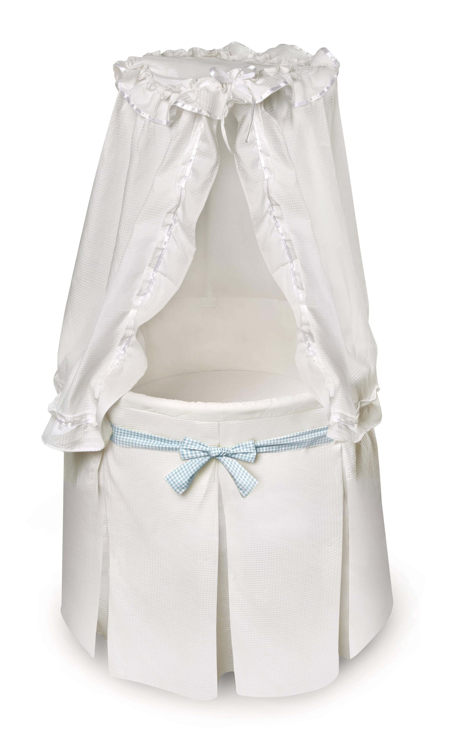 Empress Round Baby Bassinet with Canopy - Front View of Empress Round Baby Bassinet Blue Ribbon with Canopy White