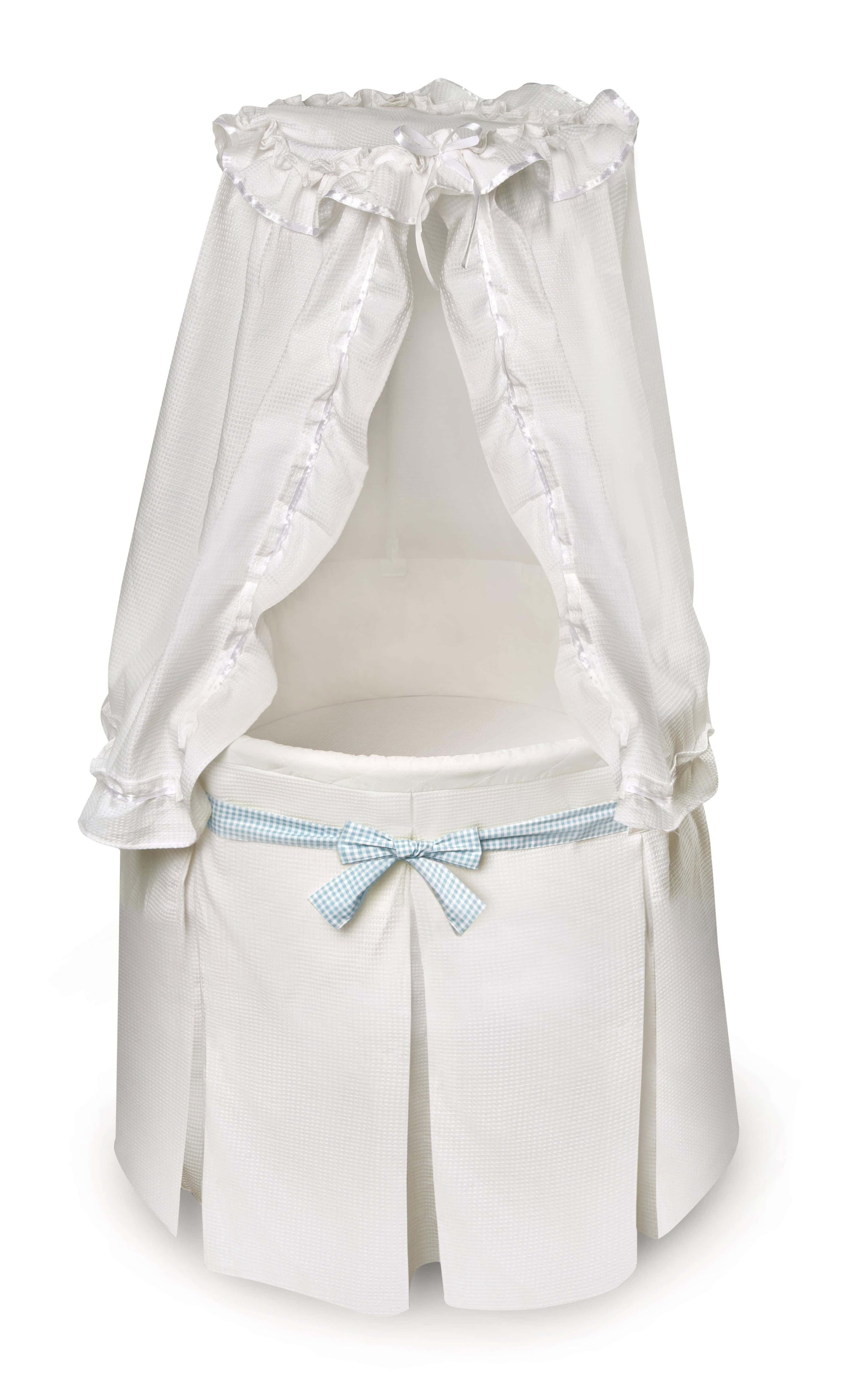 Empress Round Baby Bassinet with Canopy - Front View of Empress Round Baby Bassinet Blue Ribbon with Canopy White