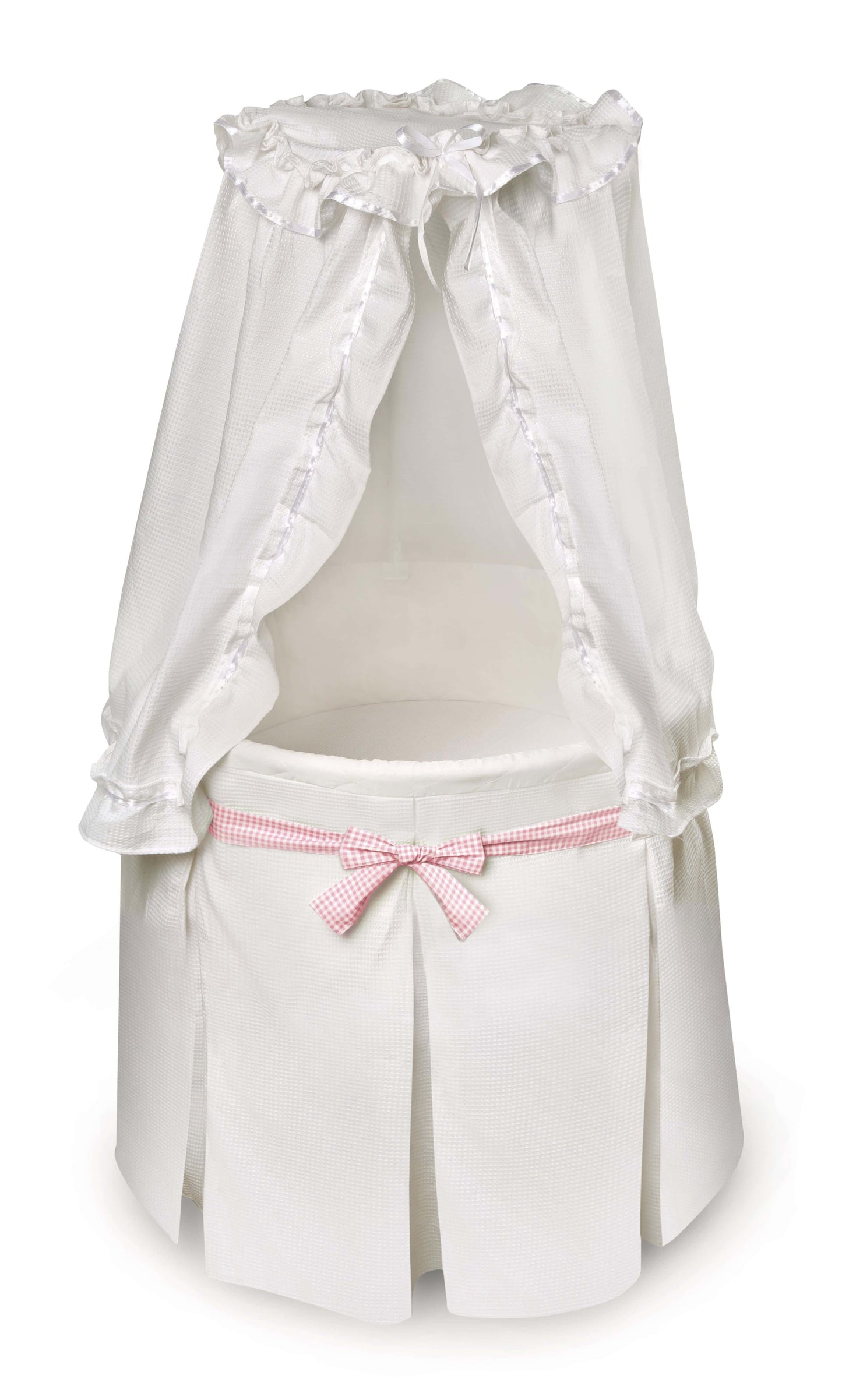 Empress Round Baby Bassinet with Canopy - Front View of Empress Round Baby Bassinet Pink Ribbon with Canopy White