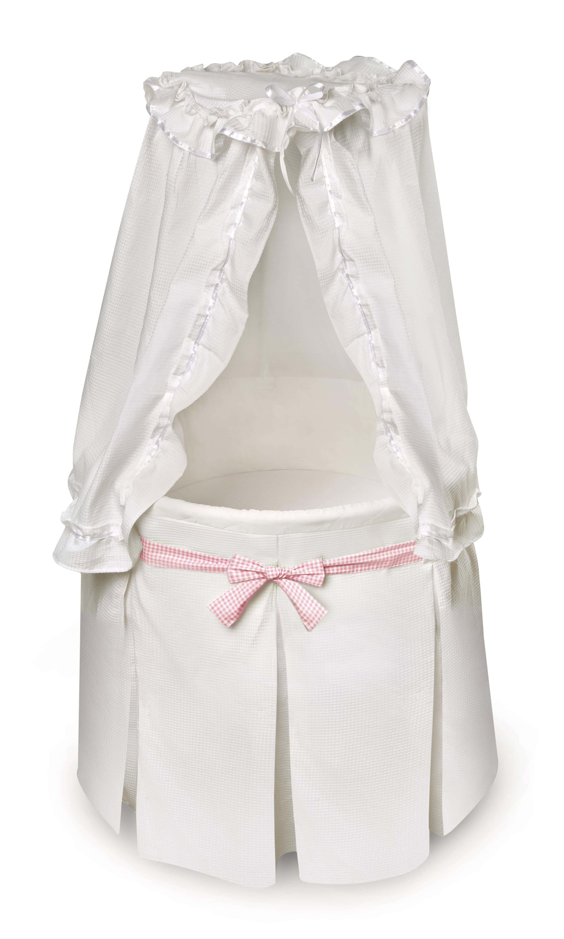 Empress Round Baby Bassinet with Canopy - Front View of Empress Round Baby Bassinet Pink Ribbon with Canopy White