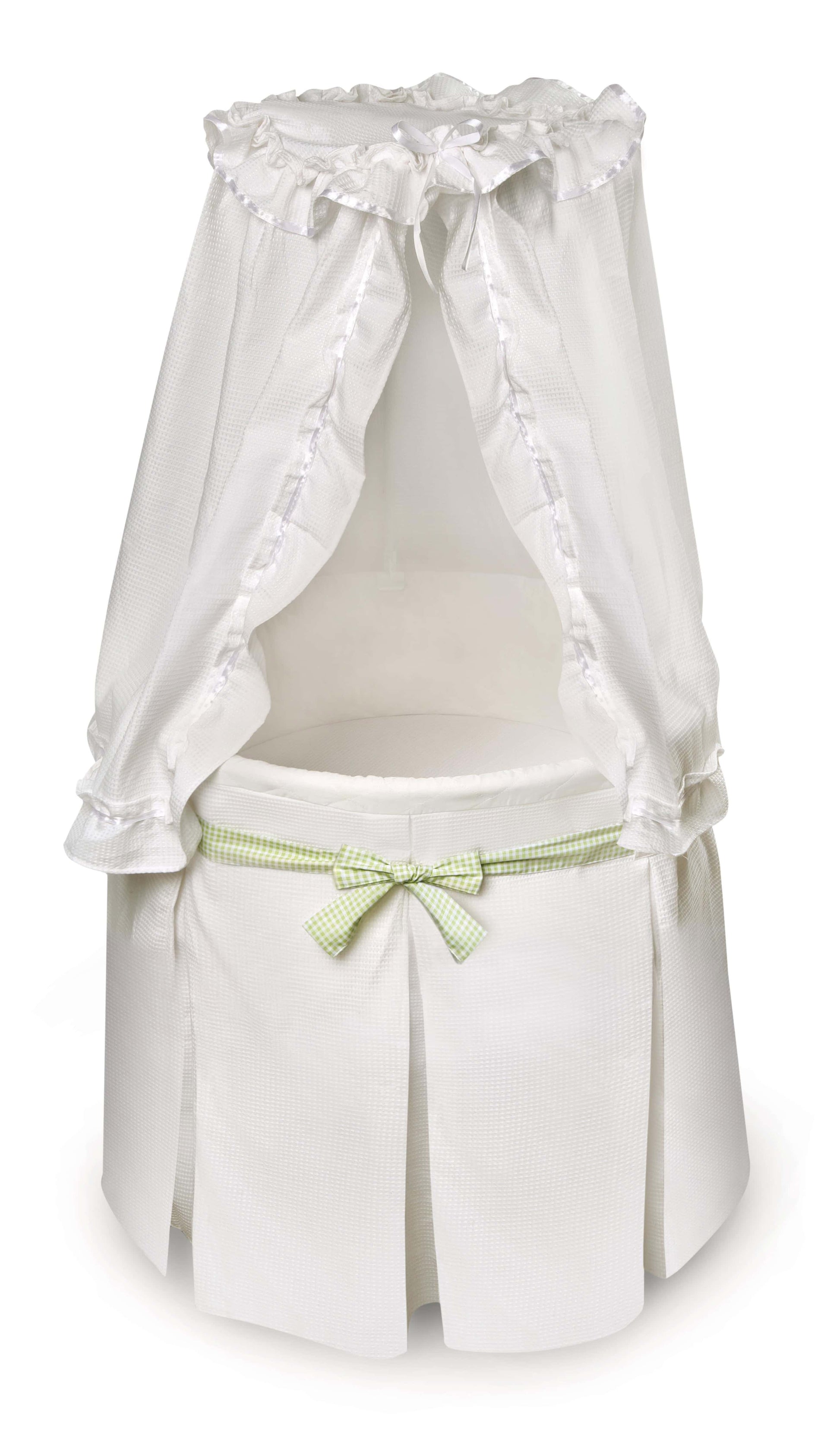 Empress Round Baby Bassinet with Canopy - Front View of Empress Round Baby Bassinet Green Ribbon with Canopy White