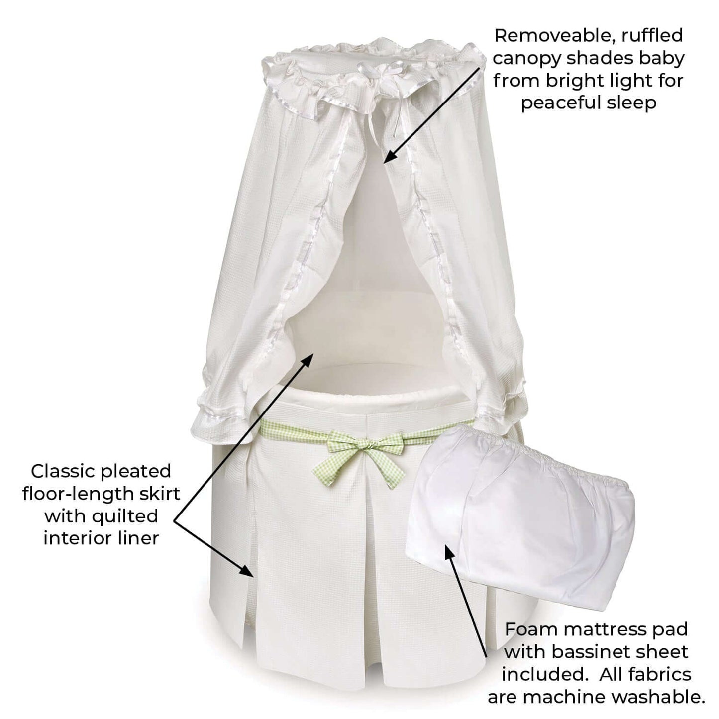 Empress Round Baby Bassinet with Canopy - Dimension Image Empress Round Baby Bassinet with Canopy White