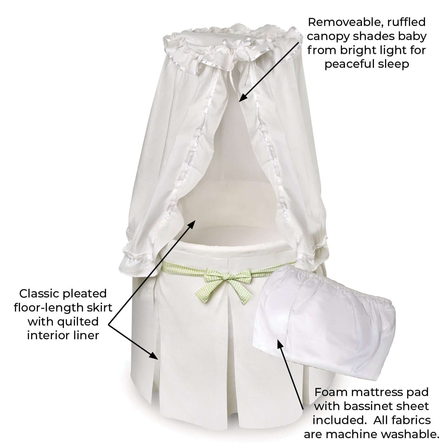 Empress Round Baby Bassinet with Canopy - Dimension Image Empress Round Baby Bassinet with Canopy White