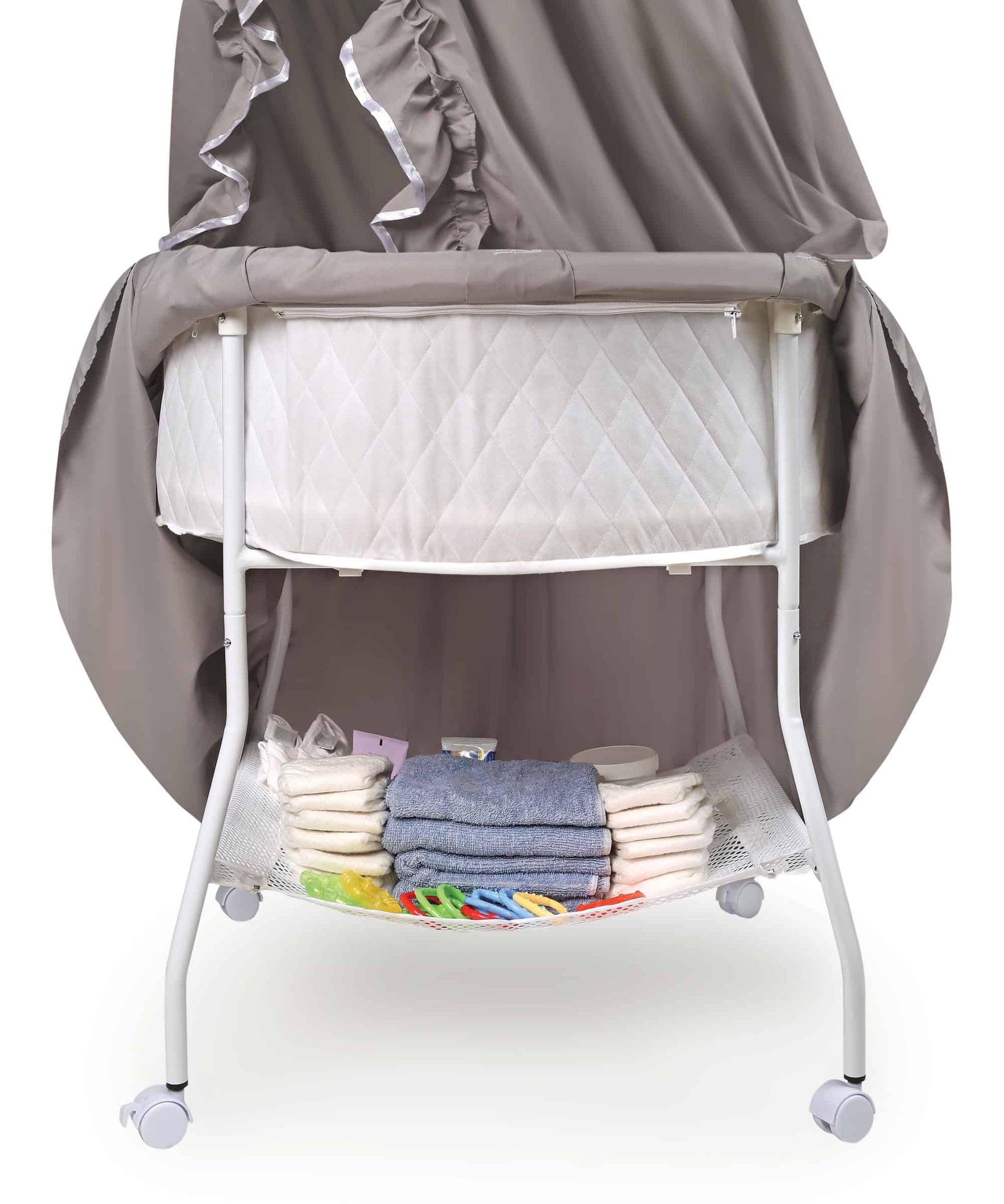 Empress Round Baby Bassinet with Canopy - Inclined Side View of Storage Unit of Empress Round Baby Bassinet with Canopy Multi Tone Gray