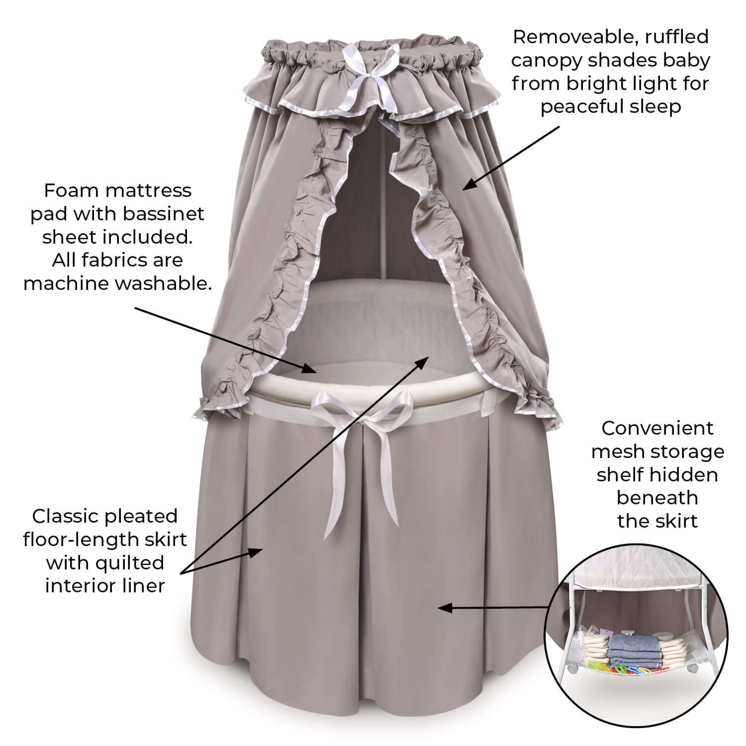 Empress Round Baby Bassinet with Canopy - Feature Image of Empress Round Baby Bassinet with Canopy Multi Tone Gray