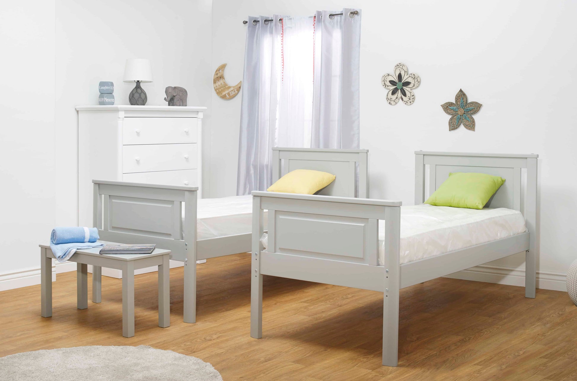 Bunk Bed - Model 302 - Lifestyle Image Inclined Side View of Separated Bunk Bed Model 302 Gray
