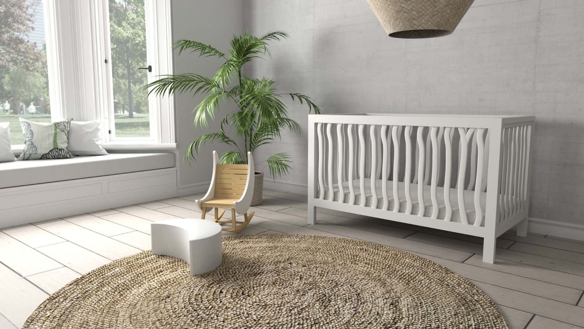 Branch 4 in 1 Convertible Crib - Lifestyle Image of 4 in 1 Convertible Crib Snow White with Cresent Moon Rocket
