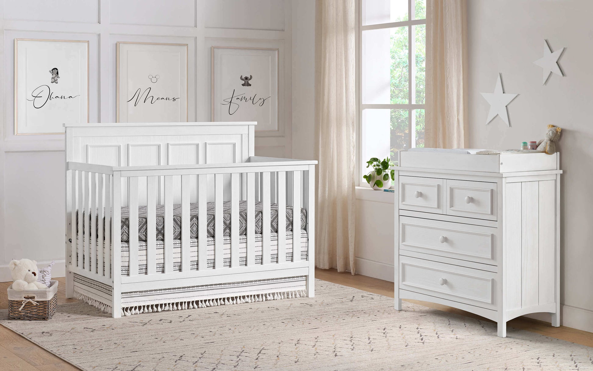 Bennett 4-in-1 Convertible Crib - Lifestyle Image Inclined Side View of Bennett 4-in-1 Convertible Crib Rustic White