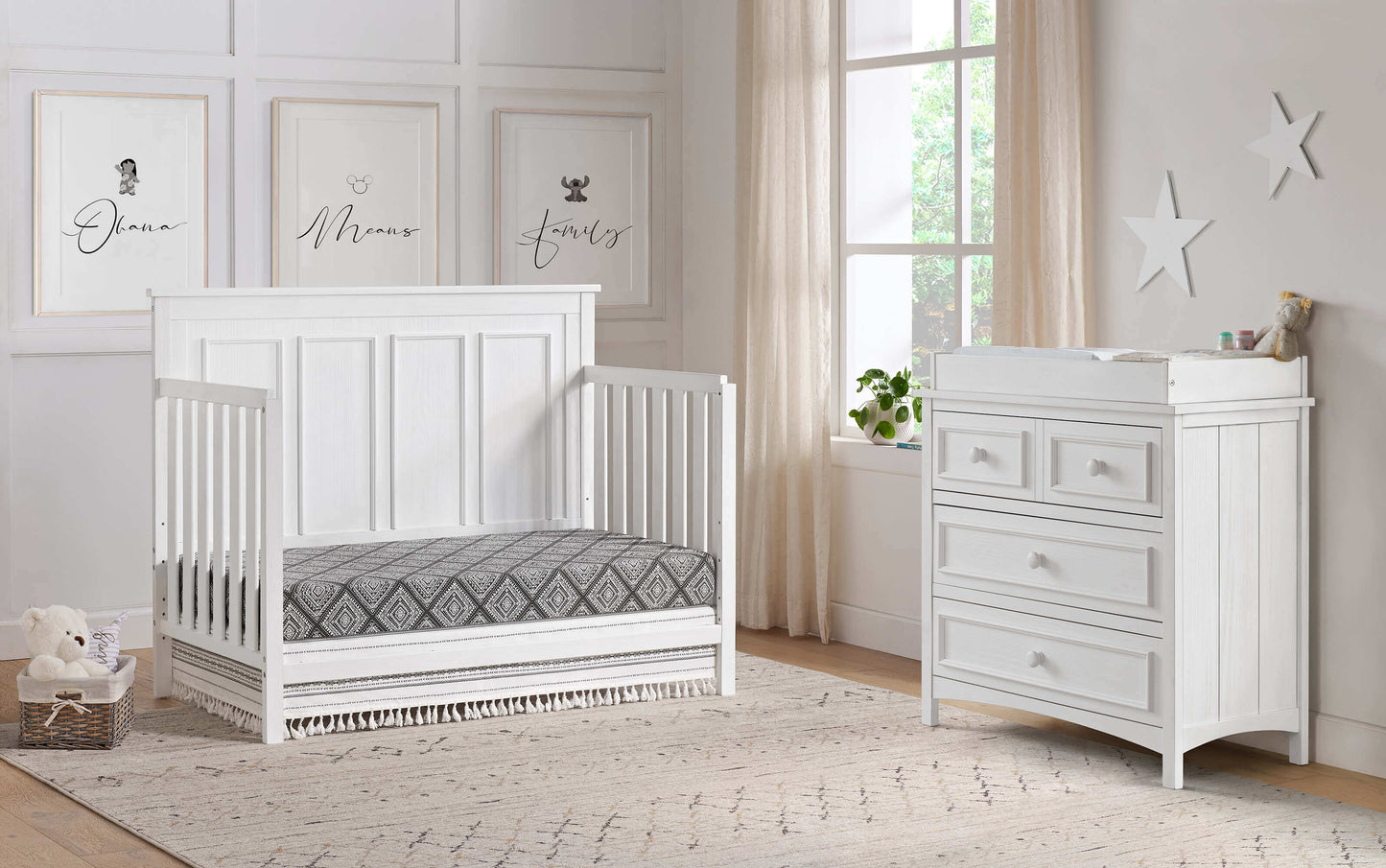 Bennett 4-in-1 Convertible Crib - Lifestyle Image Inclined Side View of Bennett Daybed Rustic White