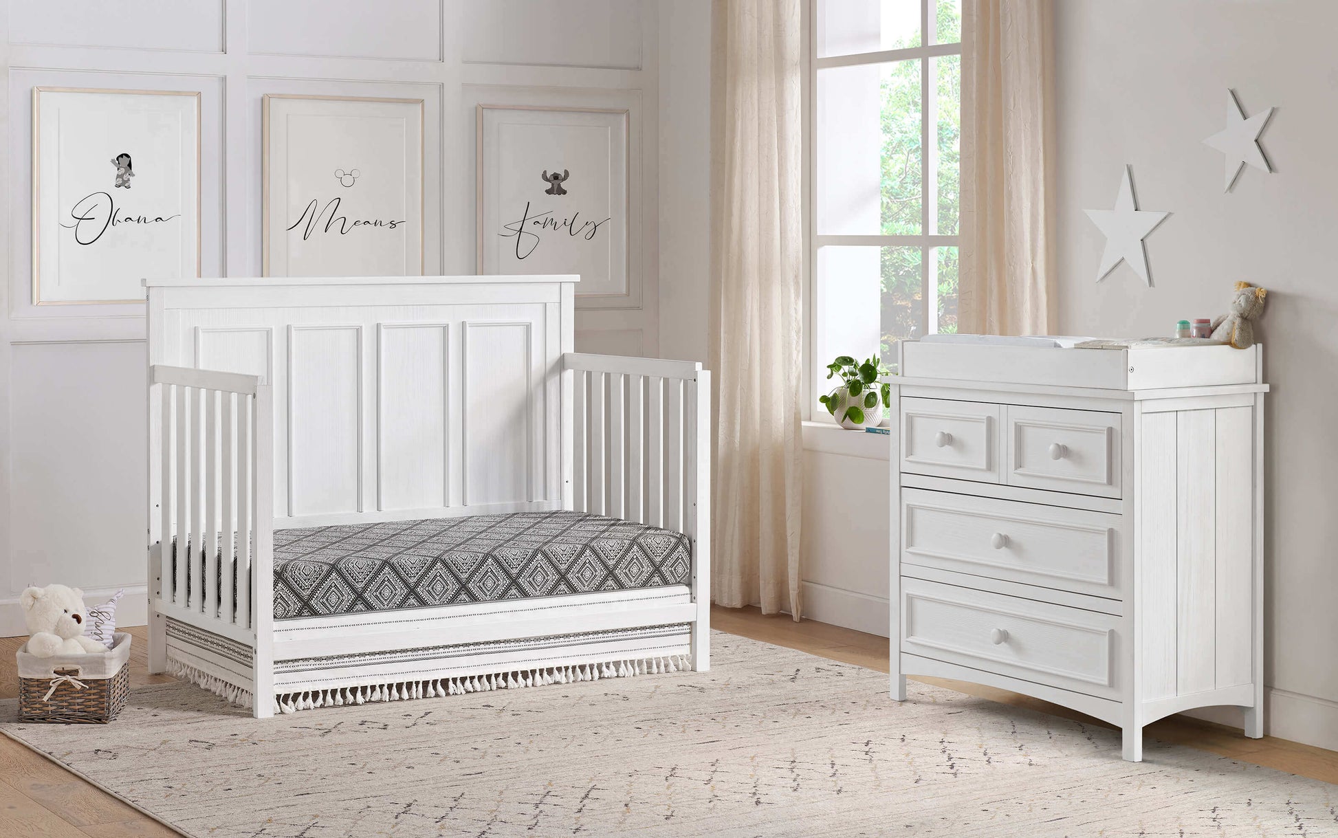 Bennett 4-in-1 Convertible Crib - Lifestyle Image Inclined Side View of Bennett Daybed Rustic White