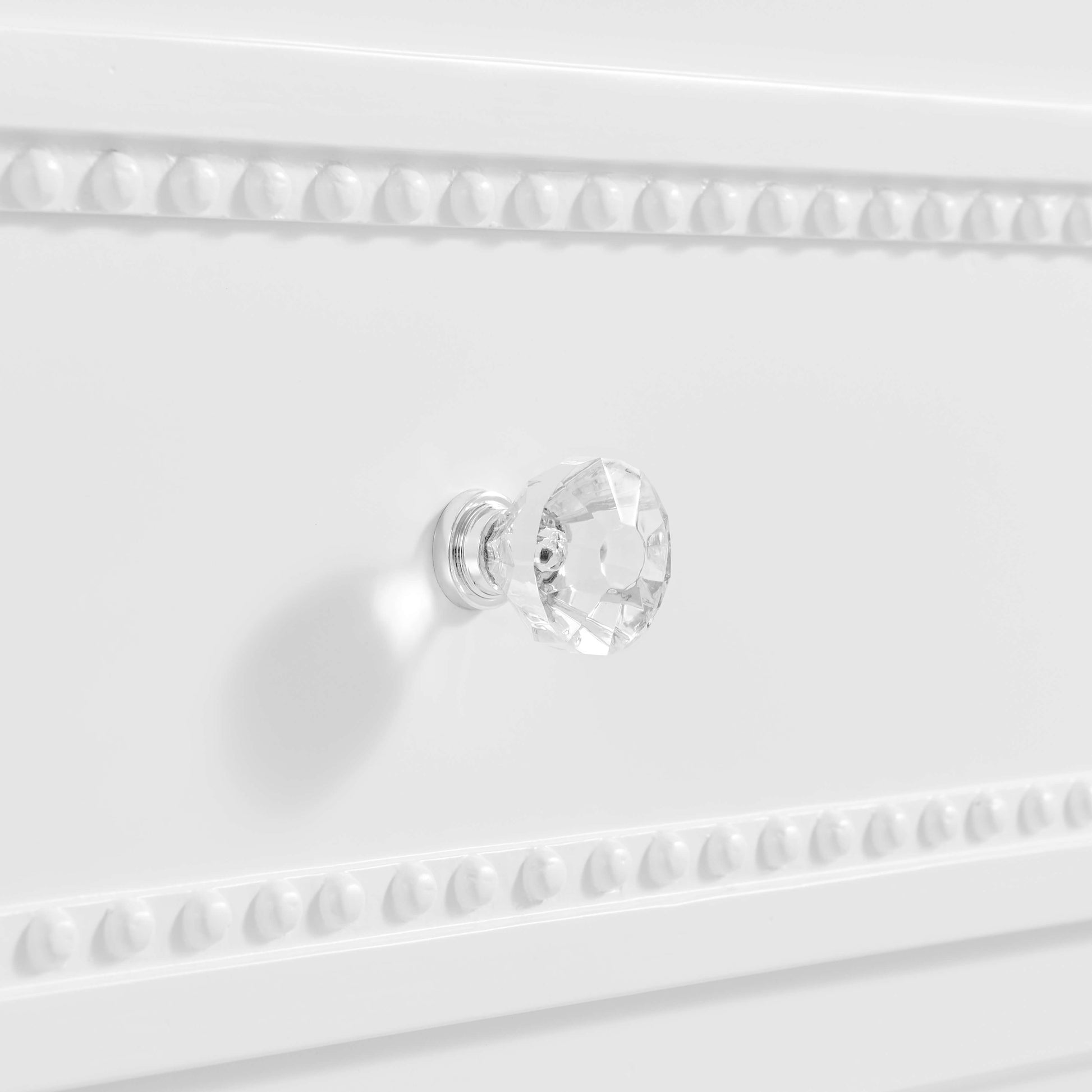 Briella 3 Drawer Dresser - Front View of Transparent knobs of Briella 3 Drawer Dresser White