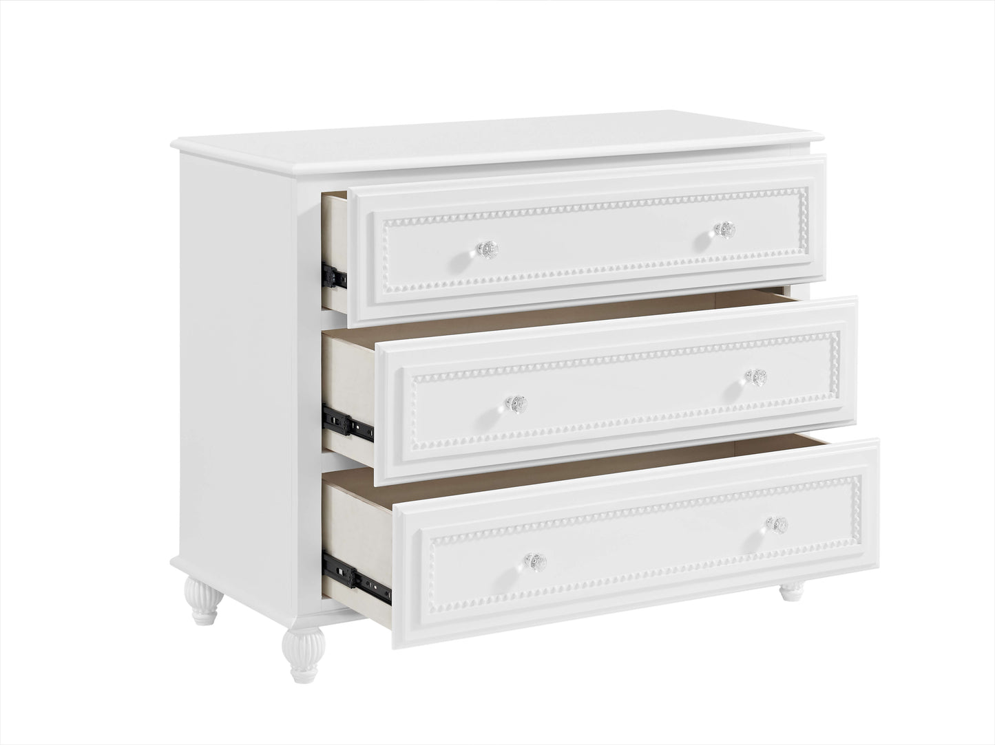 Briella 3 Drawer Dresser - Inclined Side View of Open Drawer Briella 3 Drawer Dresser White