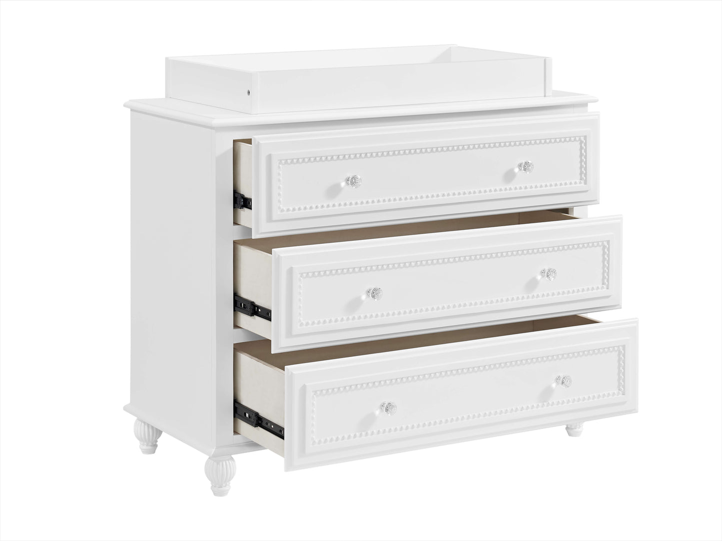 Briella 3 Drawer Dresser - Inclined Side View of Open Drawer Briella 3 Drawer Dresser White with Changing Topper on Top