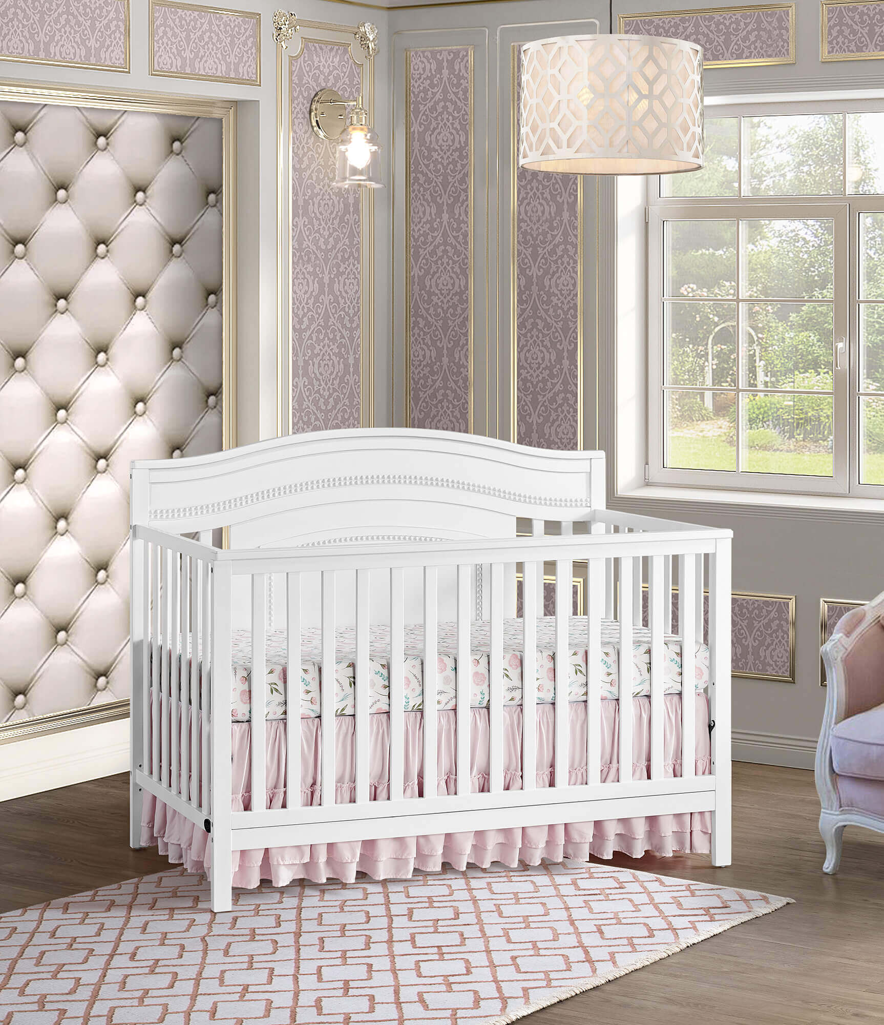 Briella 4 In 1 Convertible Crib - Lifestyle Image Inclined Side View of Briella 4 In 1 Convertible Crib White