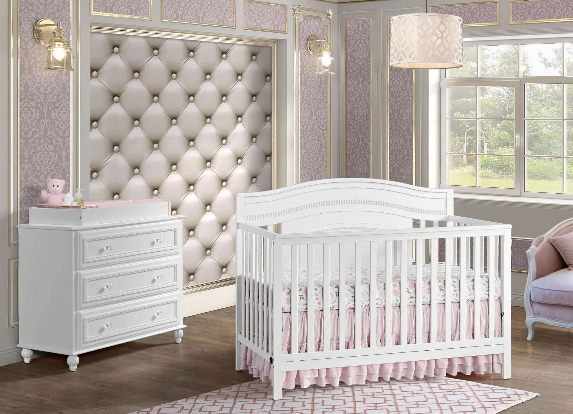 Briella 4 In 1 Convertible Crib - Lifestyle Image Inclined Side View of Briella 4 In 1 Convertible Crib White with 3 Drawer Dresser