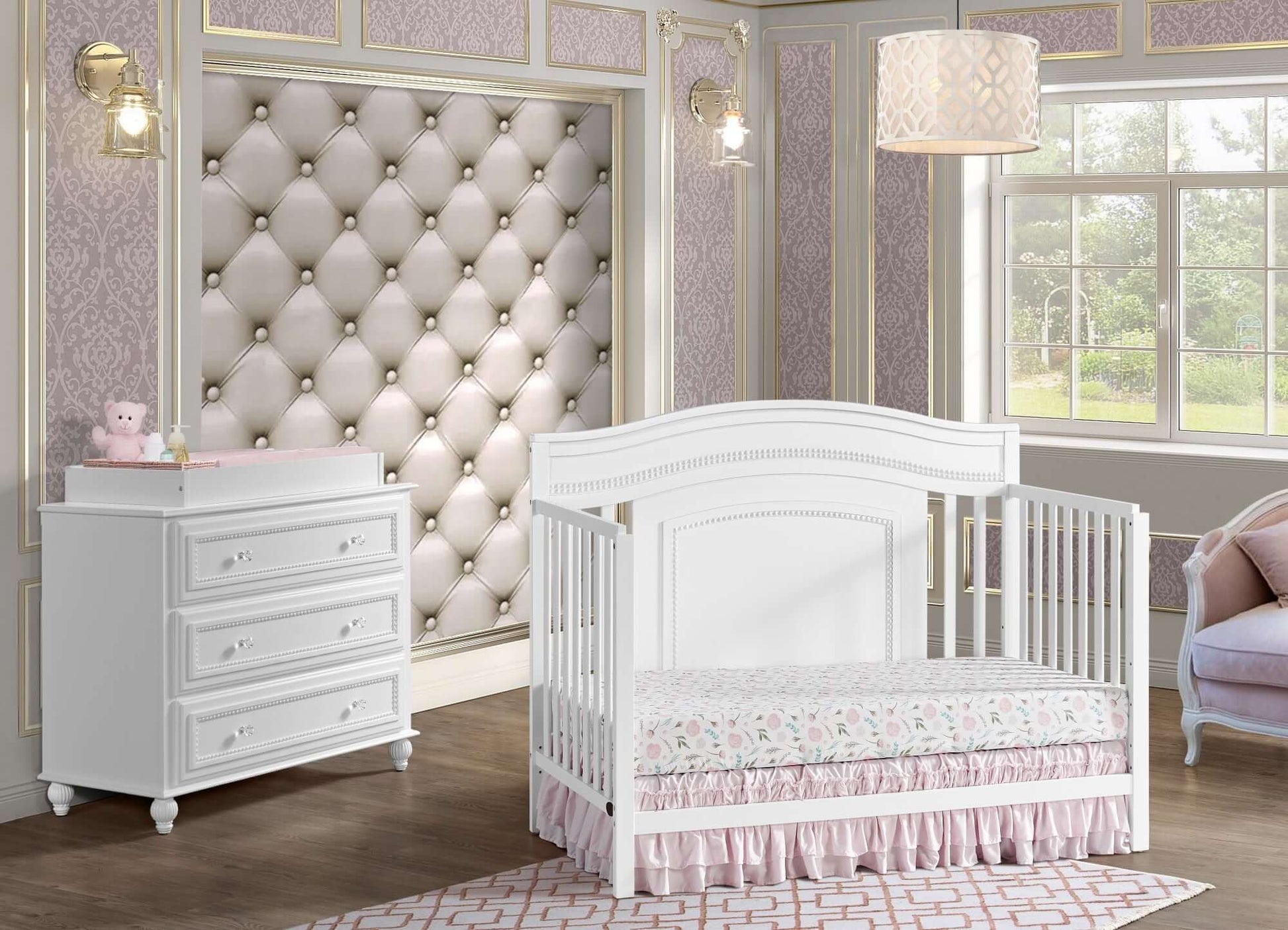 Briella 4 In 1 Convertible Crib - Lifestyle Image Inclined Side View of Briella Daybed White with 3 Drawer Dresser