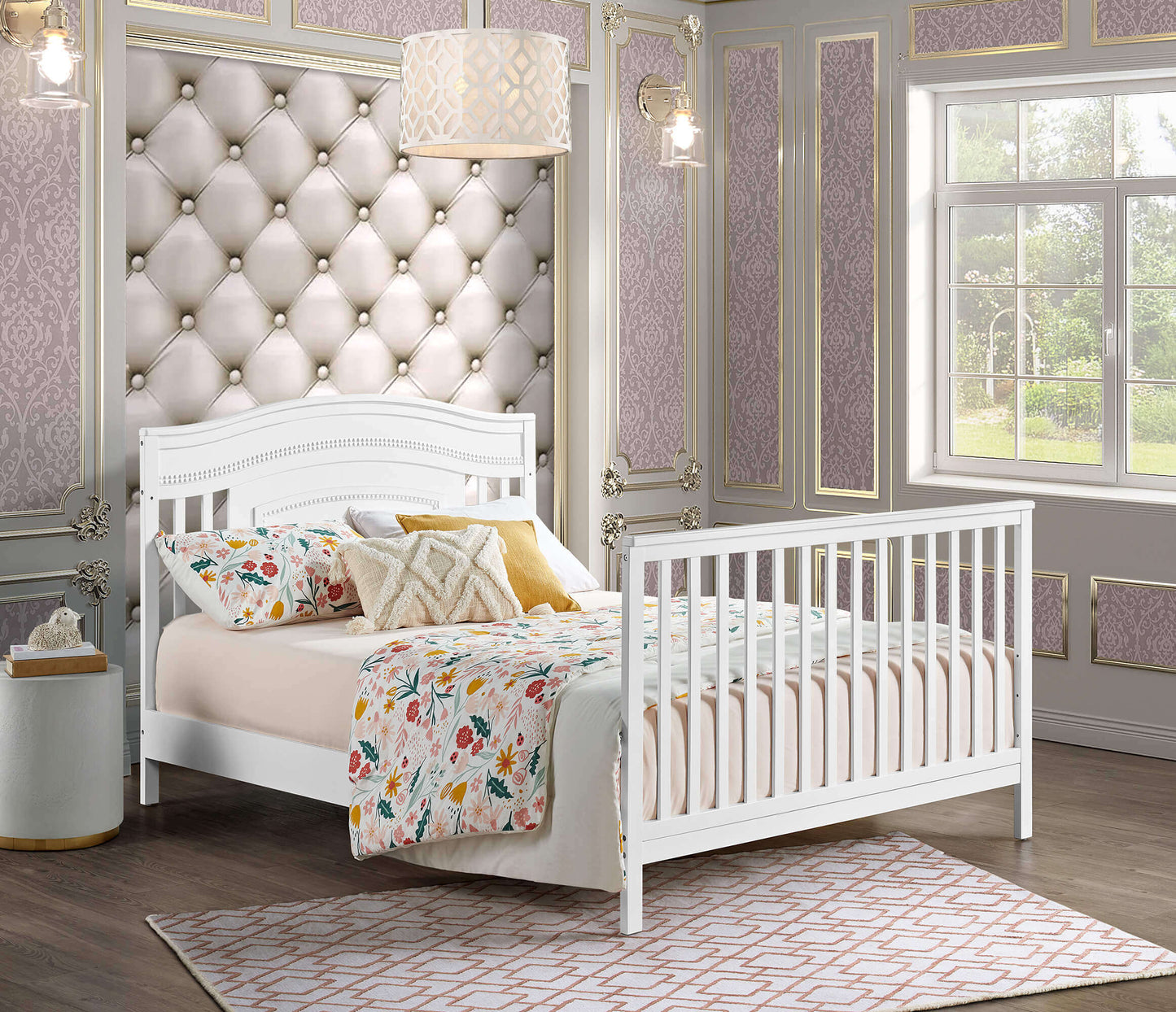 Briella 4 In 1 Convertible Crib - Lifestyle Image Inclined Side View of Briella Full Sized Crib White