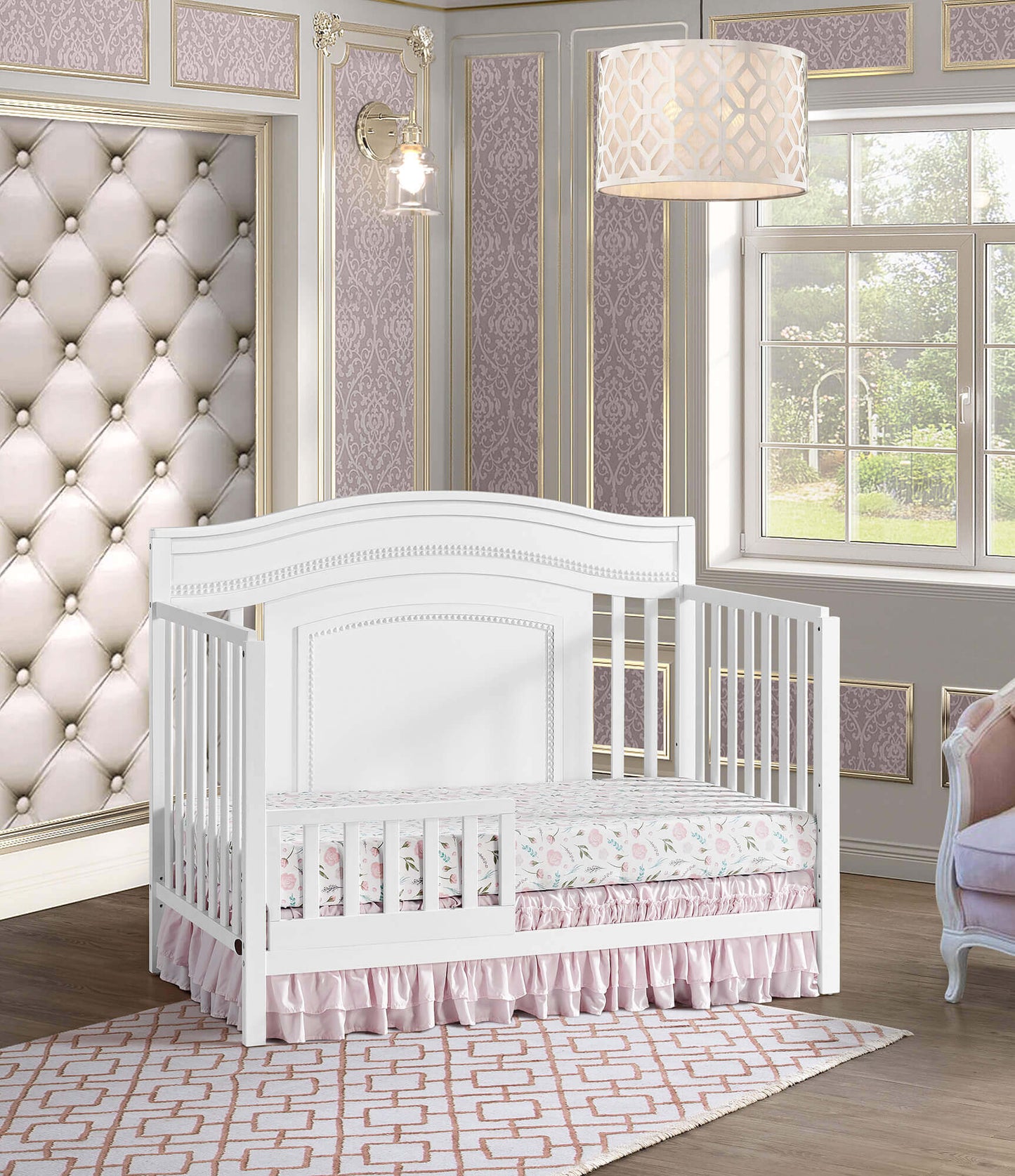 Briella 4 In 1 Convertible Crib - Lifestyle Image Inclined Side View of Briella 4 In 1 Convertible Crib White with Guard Rail