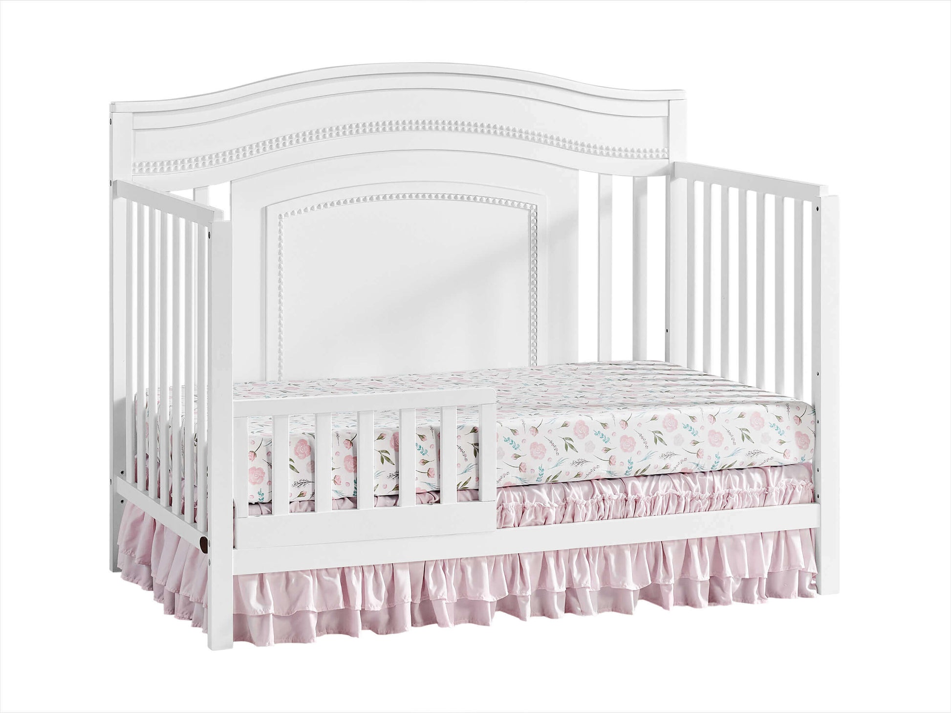 Briella 4 In 1 Convertible Crib - Inclined Side View of Briella 4 In 1 Convertible Crib White with Guard Rail
