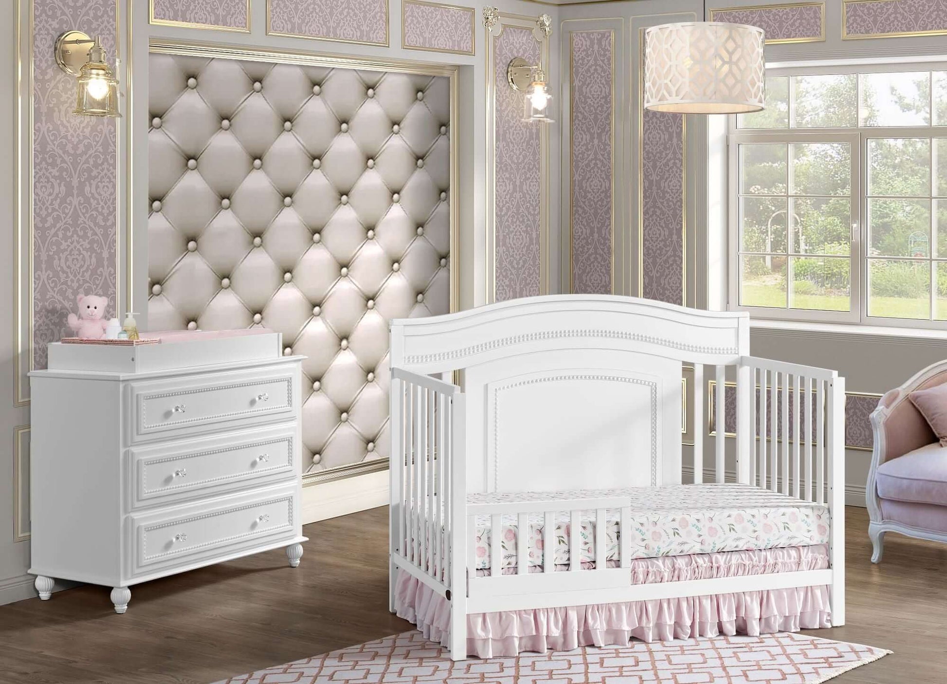 Briella 4 In 1 Convertible Crib - Lifestyle Image Inclined Side View of Briella 4 In 1 Convertible Crib White with Guard Rail and 3 Drawer Dresser