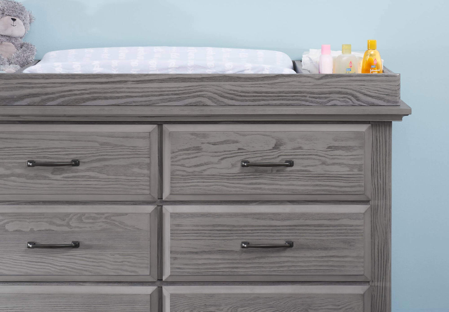 Chandler 6 Drawer Dresser - Zoomed Lifestyle Image Front View of Chandler 6 Drawer Dresser Graphite Gray