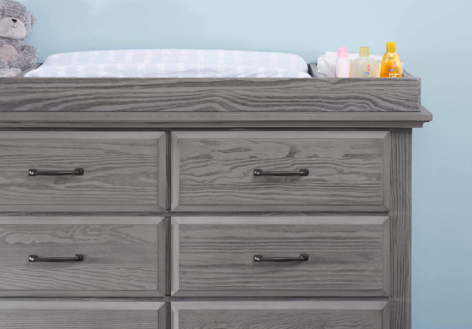 Chandler 6 Drawer Dresser - Zoomed Lifestyle Image Front View of Chandler 6 Drawer Dresser Graphite Gray