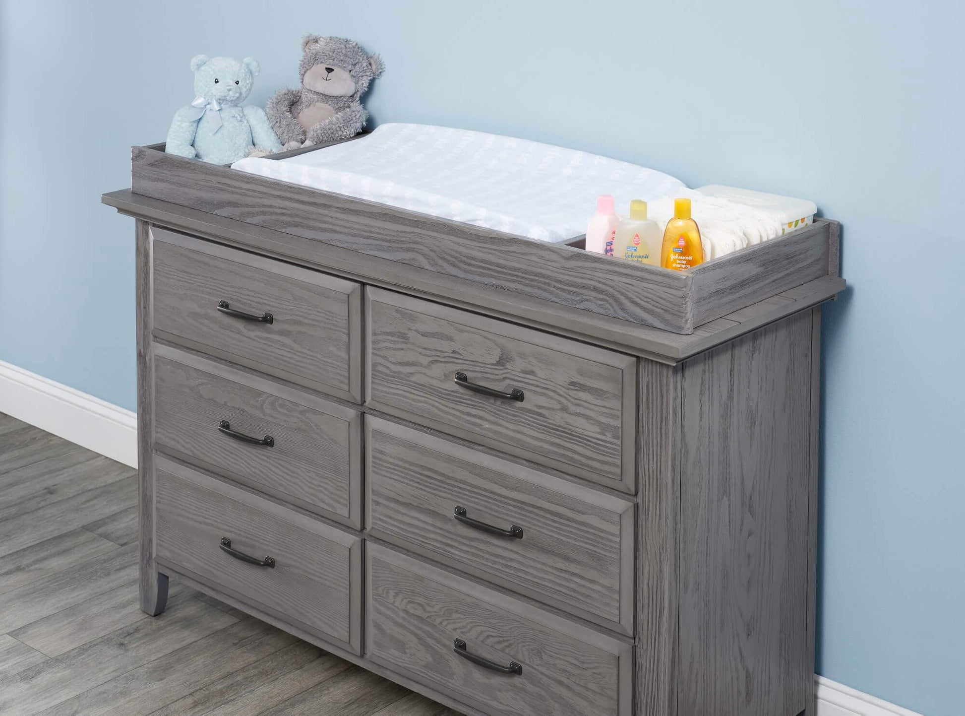 Chandler 6 Drawer Dresser - Lifestyle Image Top Inclined Side View of Chandler 6 Drawer Dresser Graphite Gray