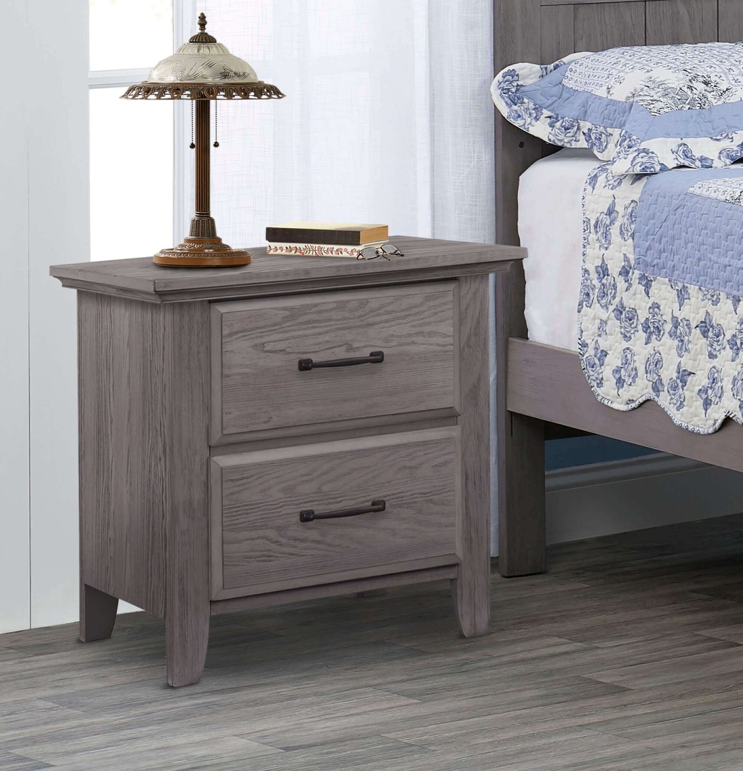 Chandler 2 Drawer Nightstand - Lifestyle Image Inclined Side View of Chandler 2 Drawer Nightstand Graphite Gray