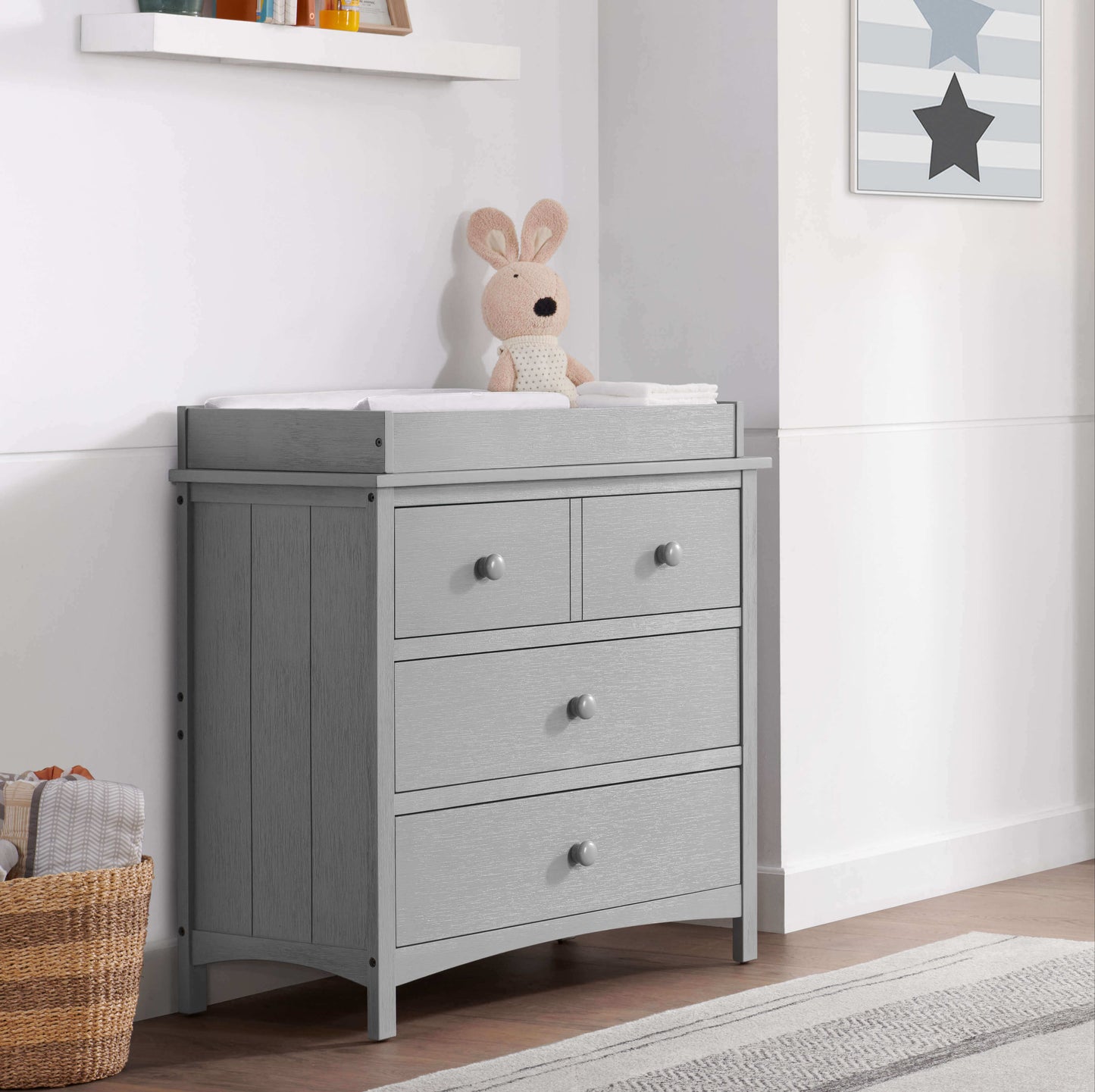 Montauk 3 Drawer Dresser- RTA - Lifestyle Image Inclined Side View of Montauk 3 Drawer Dresser Farmhouse Gray