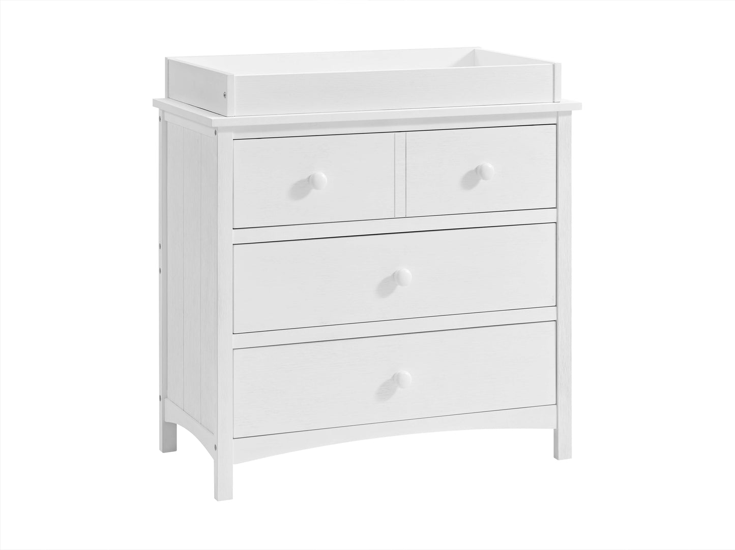 Castle Hill Changing Topper - Inclined Front View of Castle Hill Changing Topper White on top of Double Drawer Dresser