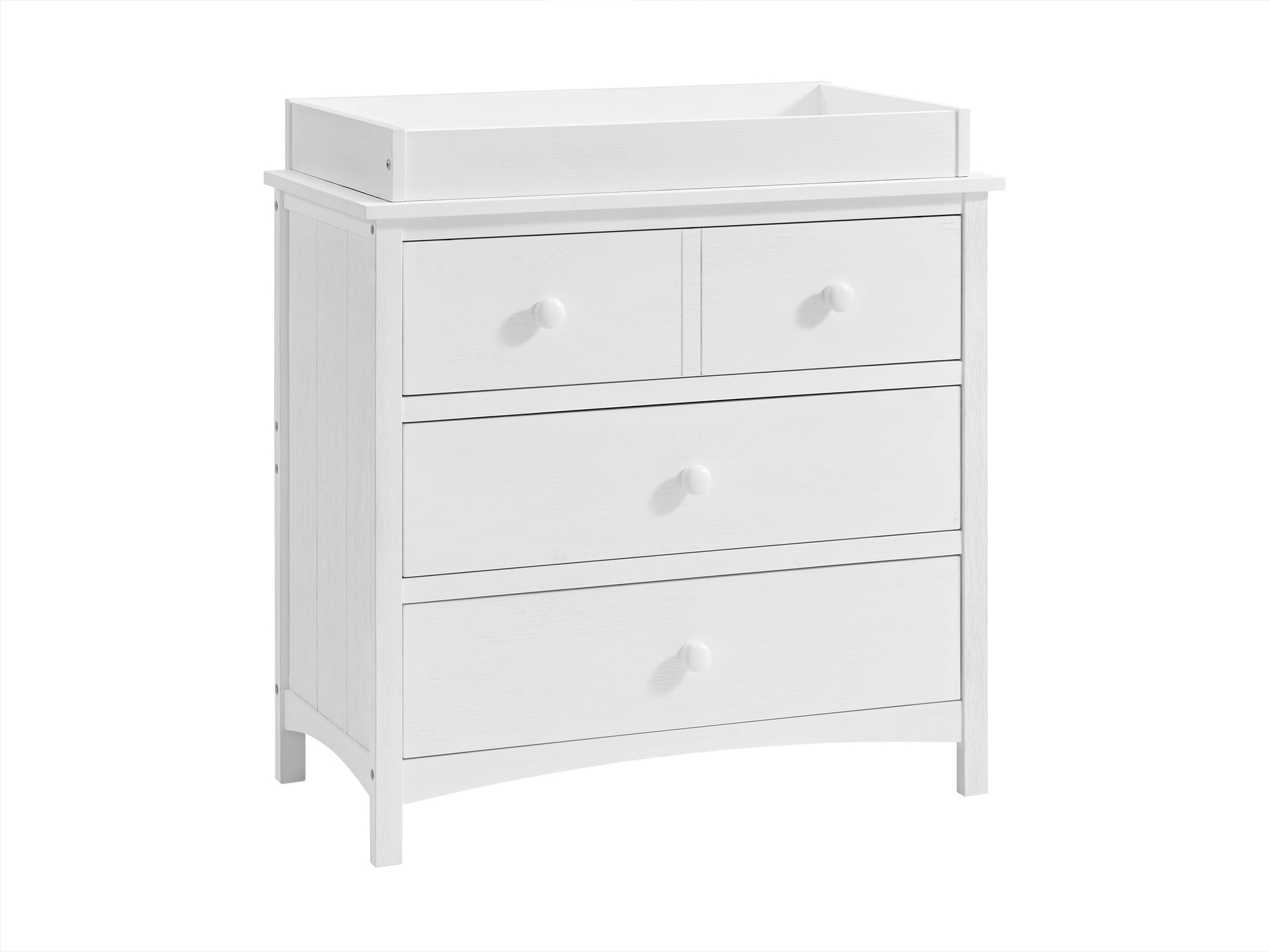 Castle Hill Changing Topper - Inclined Front View of Castle Hill Changing Topper White on top of Double Drawer Dresser