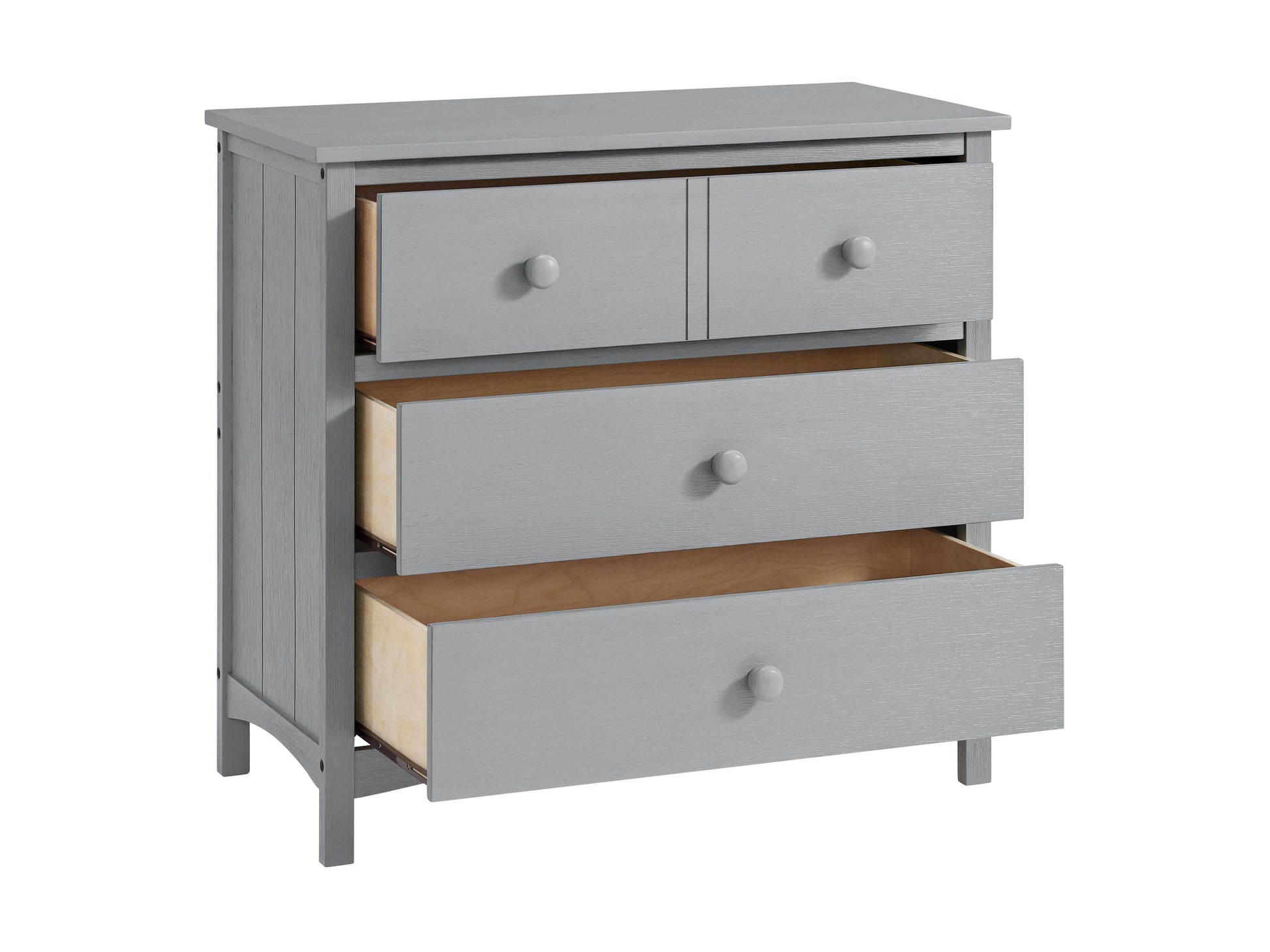 Montauk 3 Drawer Dresser- RTA - Inclined Side View of Open Drawer Montauk 3 Drawer Dresser Farmhouse Gray