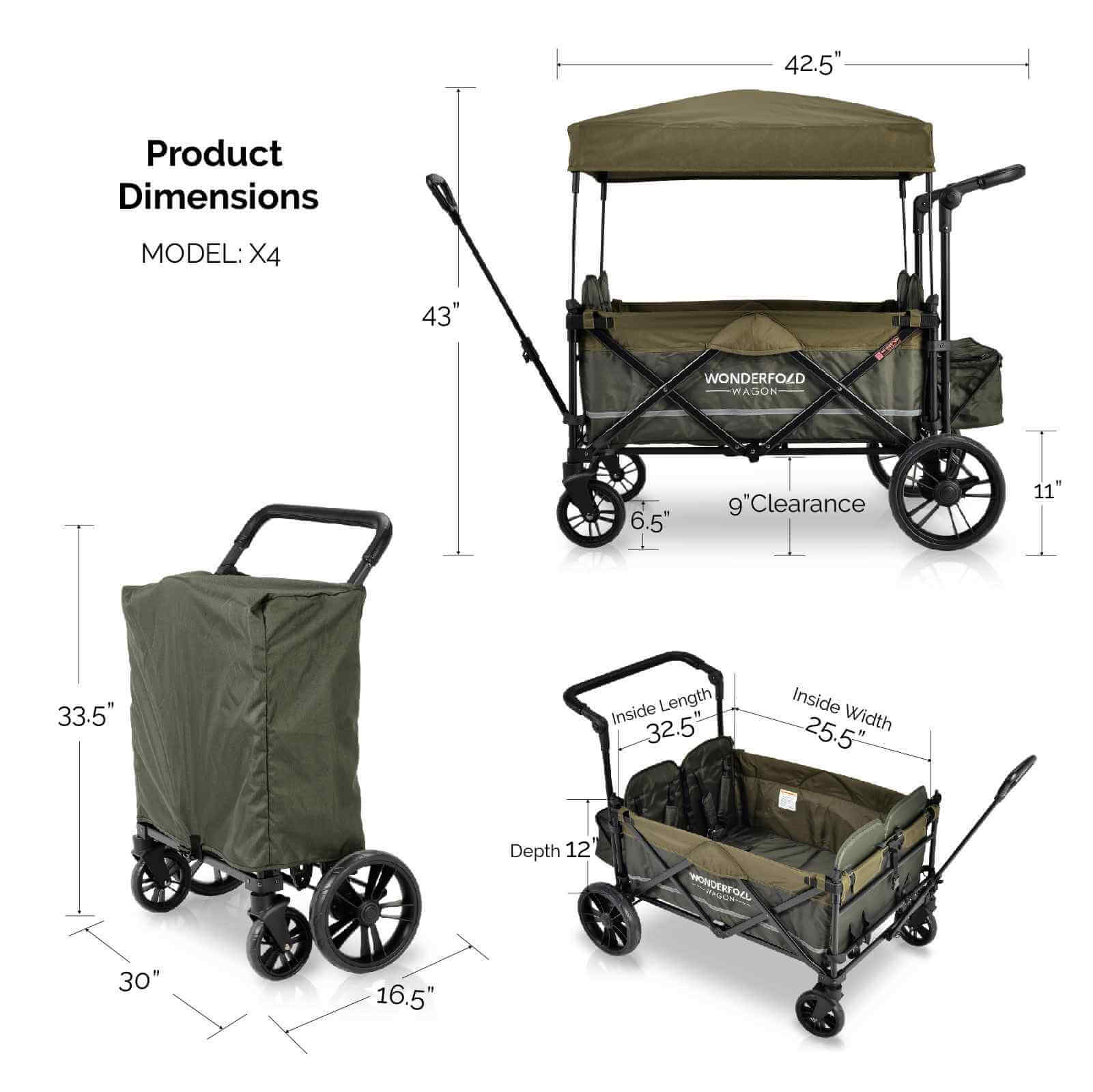 X4 Push + Pull Quad Stroller Wagon - Dimension Image of X4 Push + Pull Quad Stroller Wagon Green