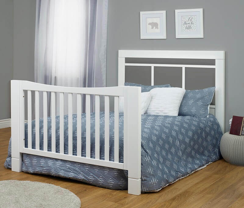 Crystal Convertible Crib - Lifestyle Image Inclined Side View of Crystal Full Sized Bed Multi Tone Gray