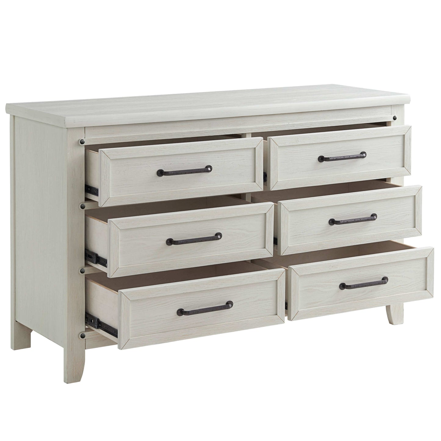 Ellison 6 Drawer Dresser - Inclined Side View of Open Drawer Ellison 6 Drawer Dresser Rustic White