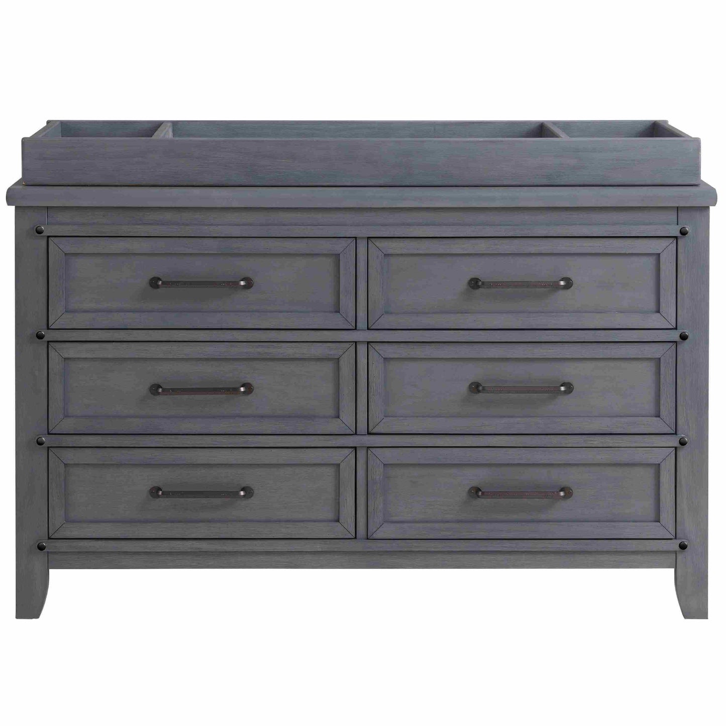 Ellison Changing Topper - Front View of Ellison Changing Topper Gray on Top of 6 Drawer Dresser