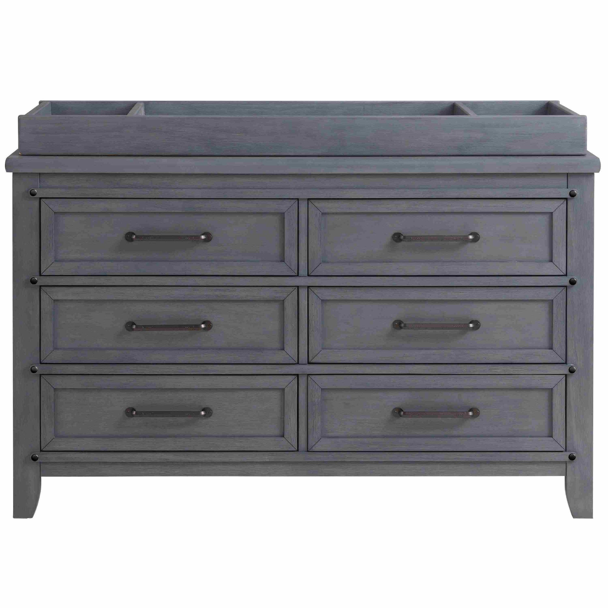 Ellison Changing Topper - Front View of Ellison Changing Topper Gray on Top of 6 Drawer Dresser