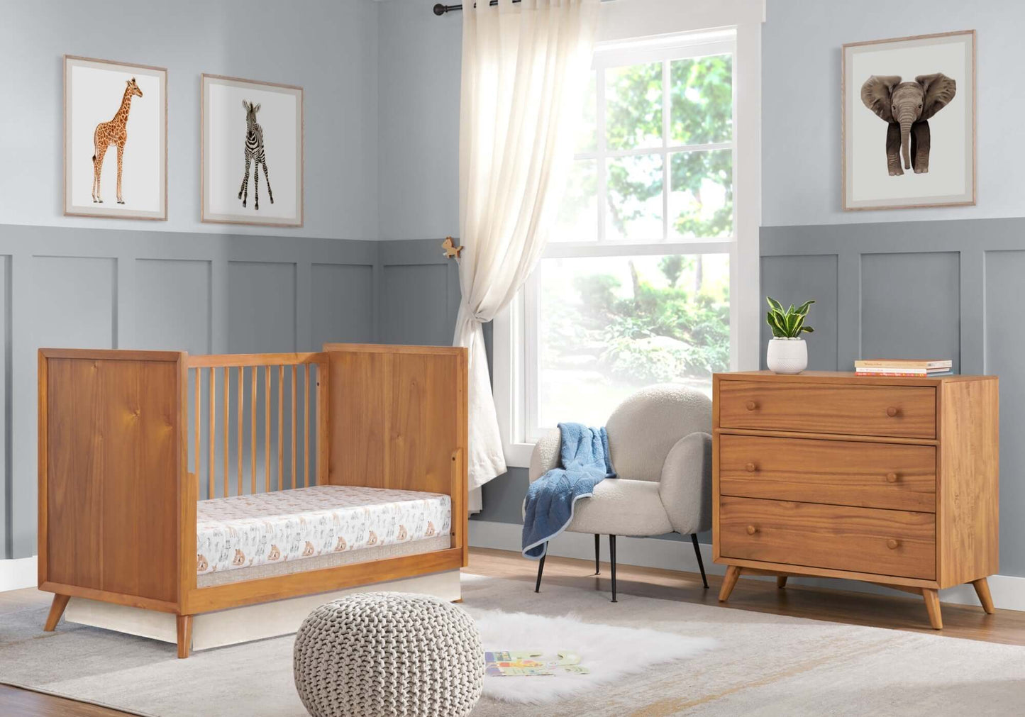 Dawson 3 In 1 Convertible Crib - Lifestyle Image Inclined Side View of Dawson Daybed Honey Brown