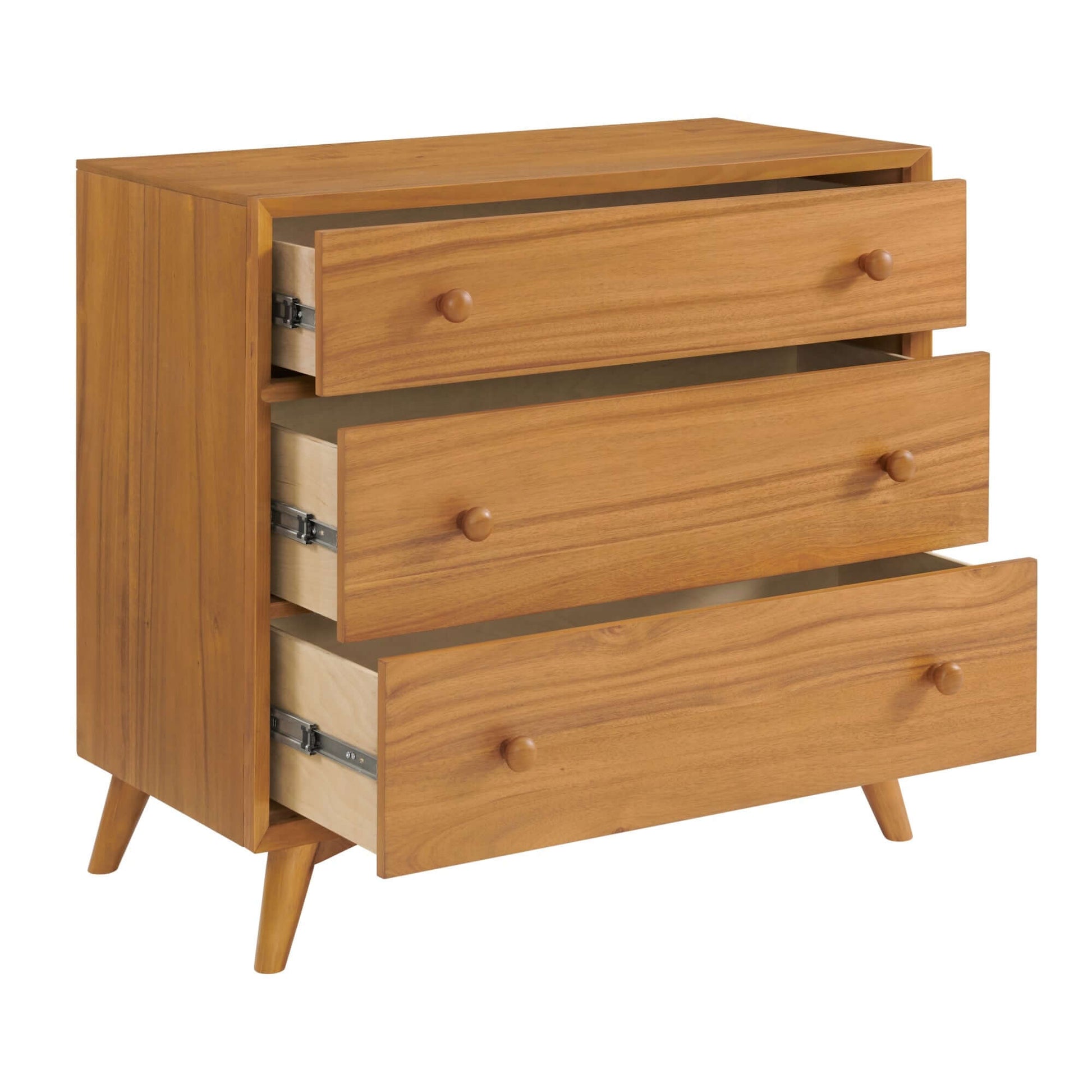 Dawson 3 Drawer Dresser - Inclined Side Open Drawer View of Dawson 3 Drawer Dresser Honey Brown