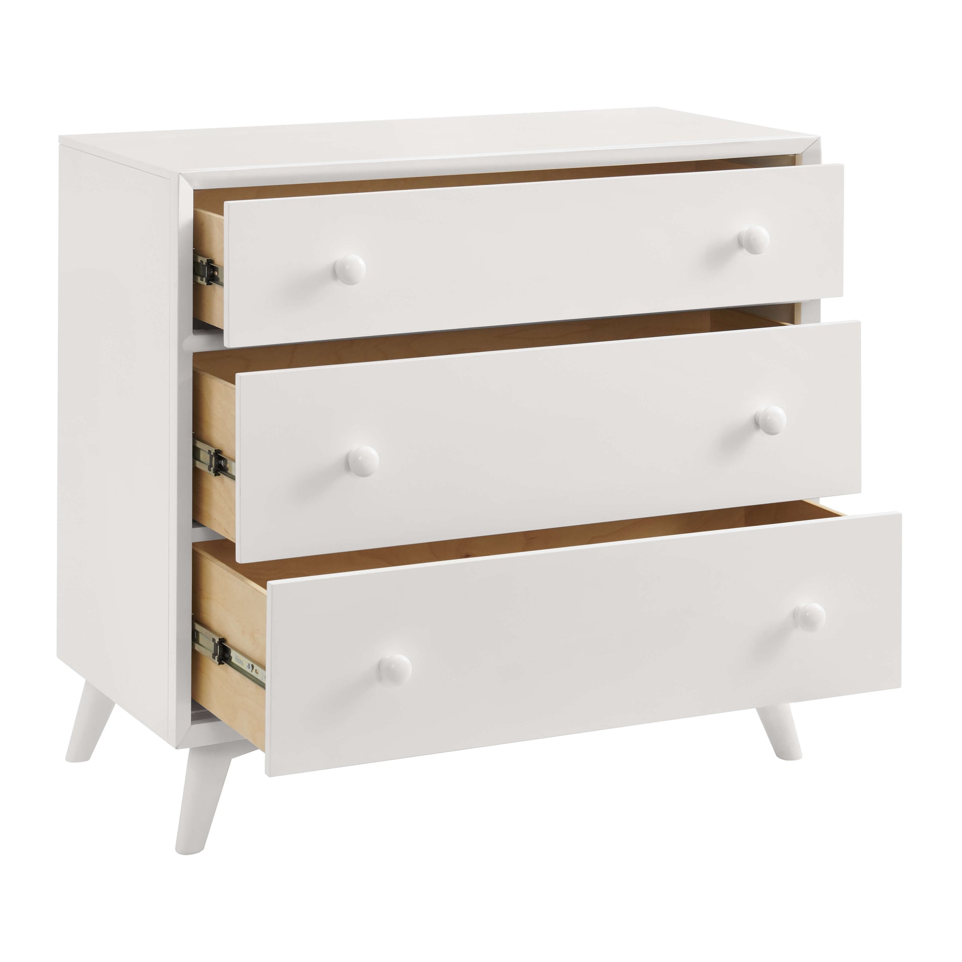 Dawson 3 Drawer Dresser - Inclined Side Open Drawer View of Dawson 3 Drawer Dresser White
