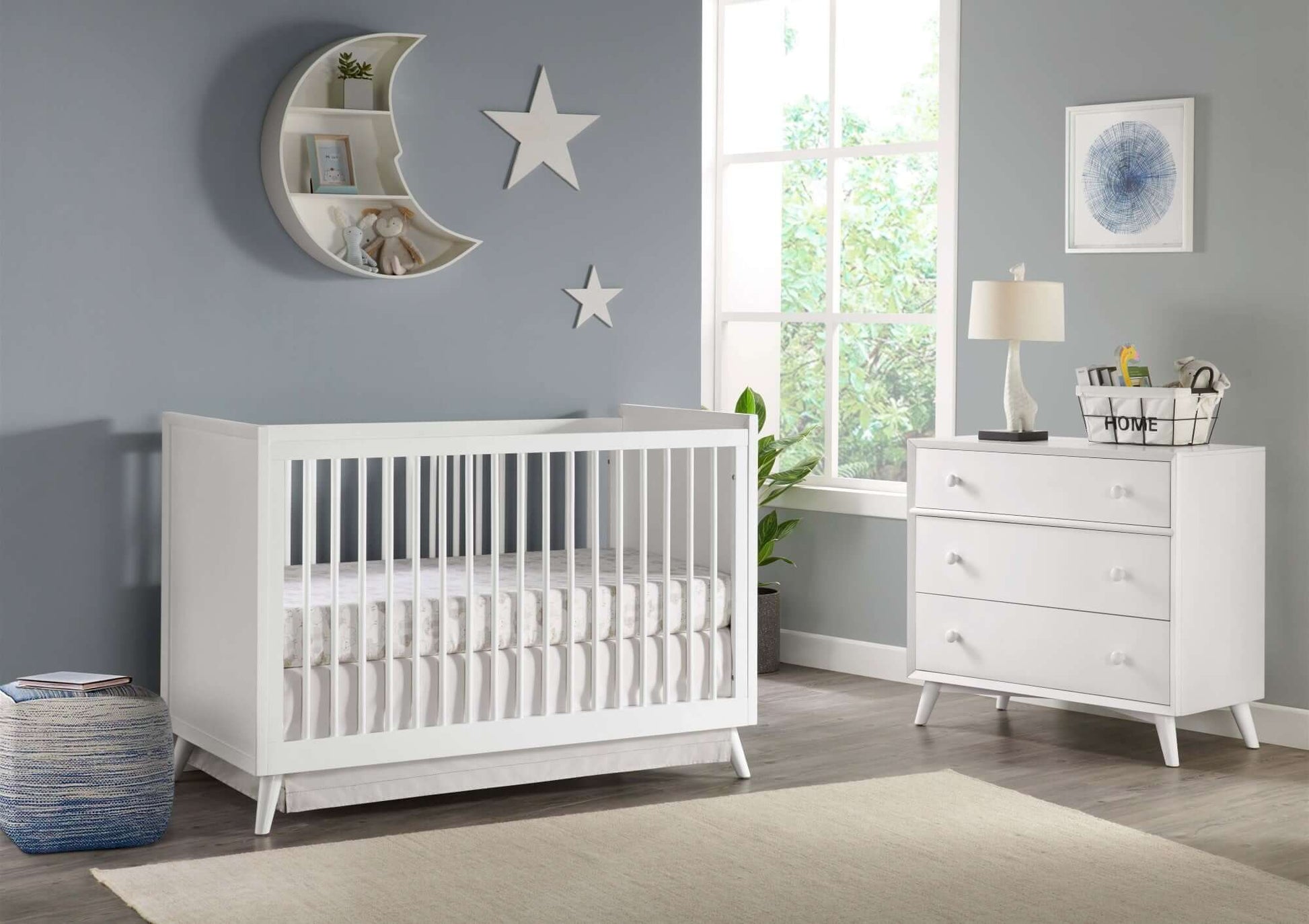 Dawson 3 In 1 Convertible Crib - Lifestyle Image Inclined Side View of Dawson 3 In 1 Convertible Crib White