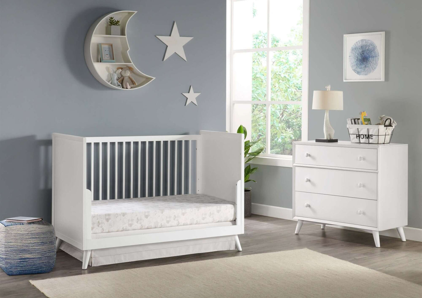 Dawson 3 In 1 Convertible Crib - Lifestyle Image Inclined Side View of Dawson Daybed White