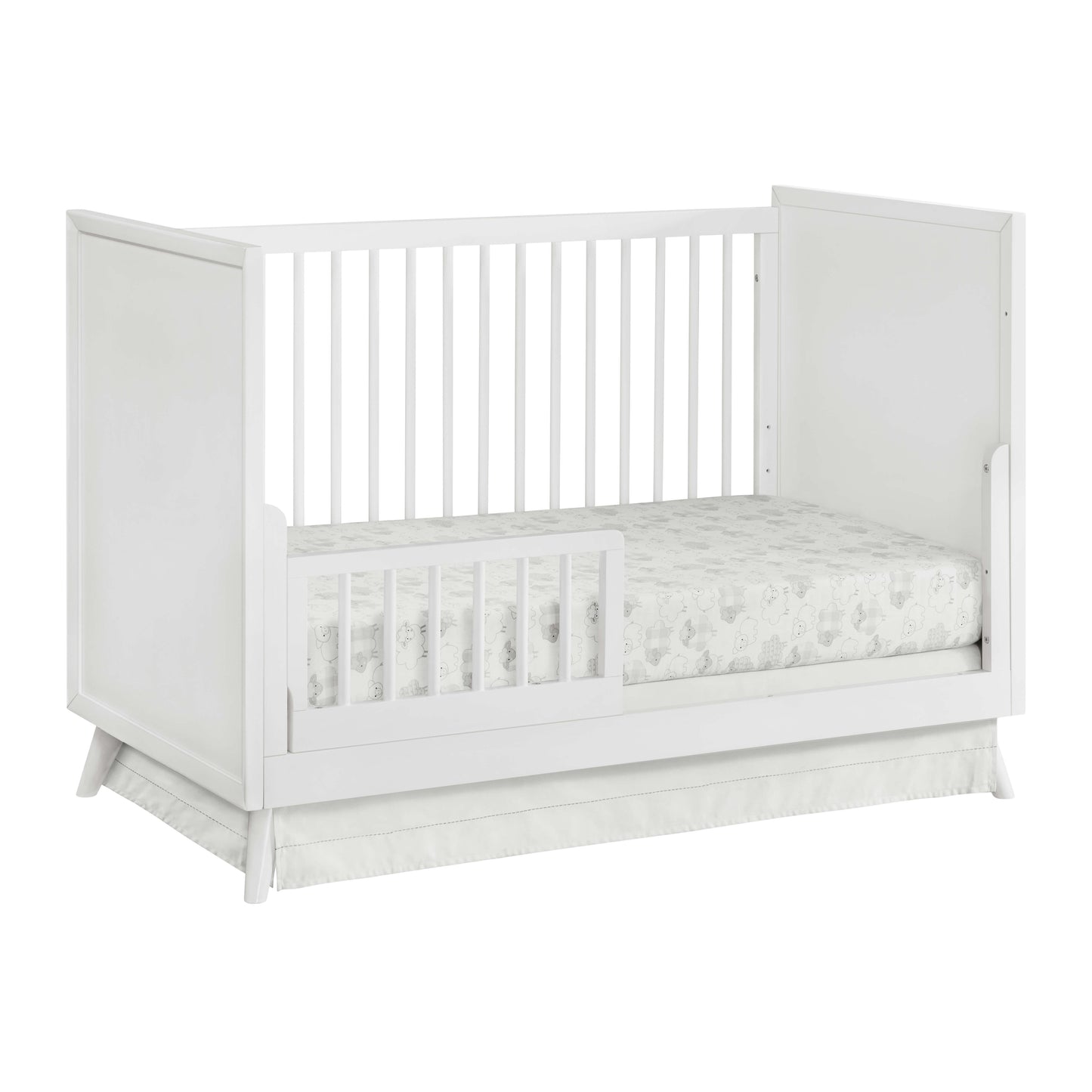 Dawson 3 In 1 Convertible Crib - Inclined Side View of Dawson 3 In 1 Convertible Crib White with Guard Rail on Left