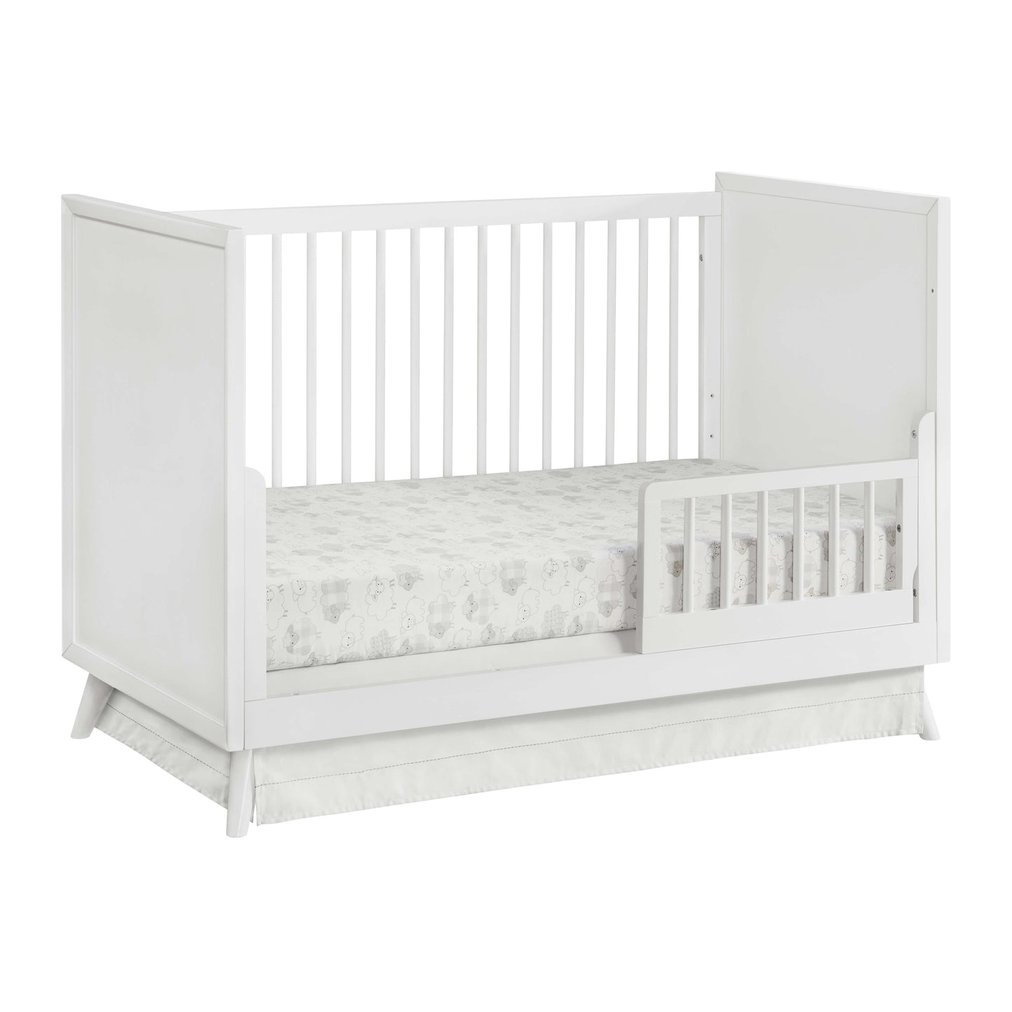 Dawson 3 In 1 Convertible Crib - Inclined Side View of Dawson 3 In 1 Convertible Crib White with Guard Rail on Right