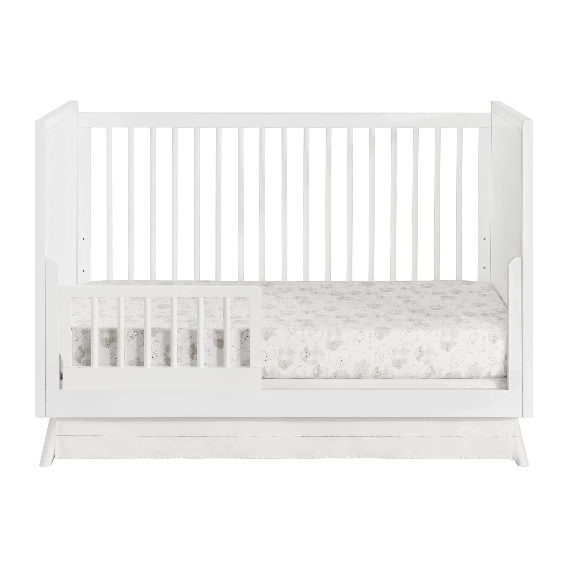 Dawson 3 In 1 Convertible Crib - Front View of Dawson 3 In 1 Convertible Crib White with Guard Rail on Left