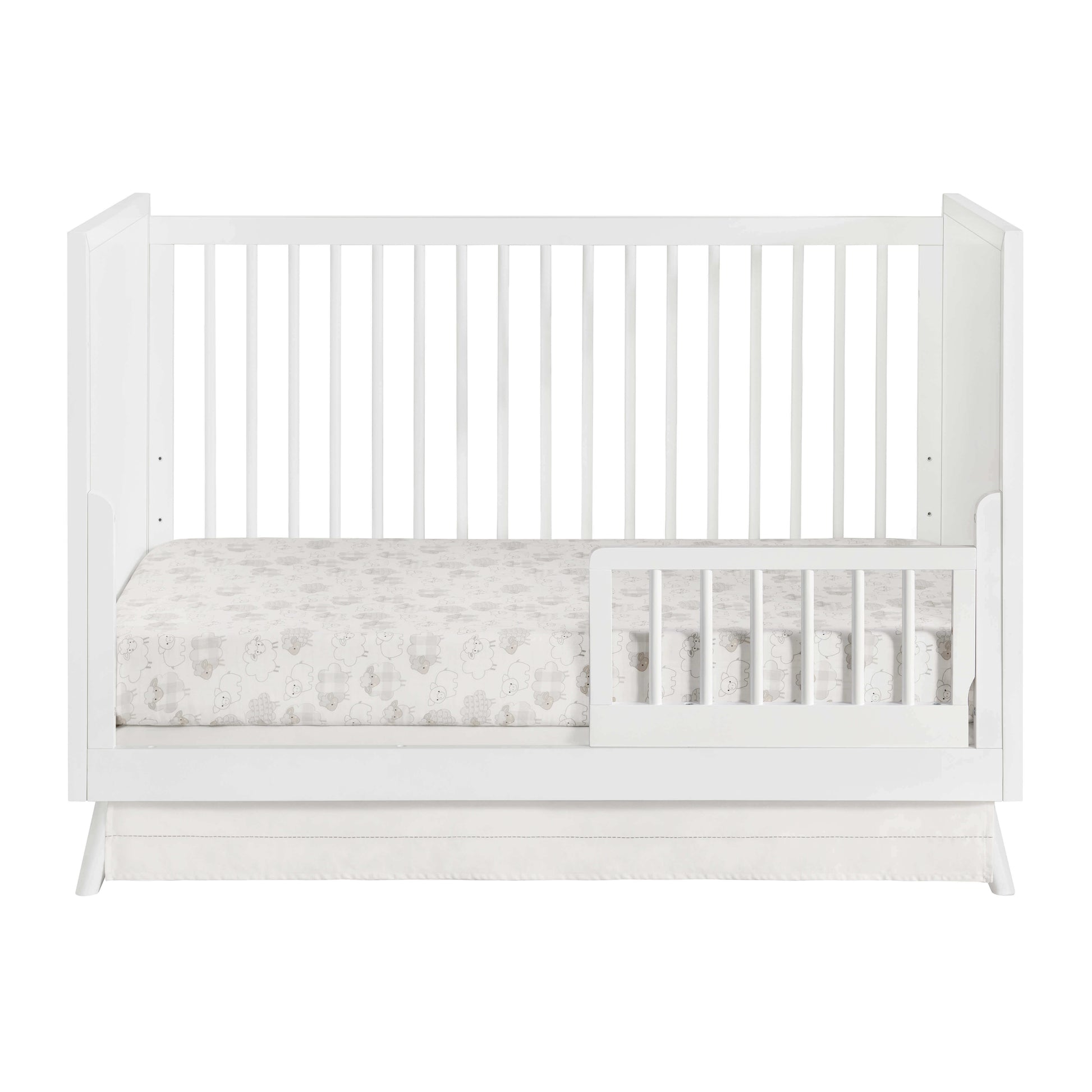 Dawson 3 In 1 Convertible Crib - Front View of Dawson 3 In 1 Convertible Crib White with Guard Rail on Right