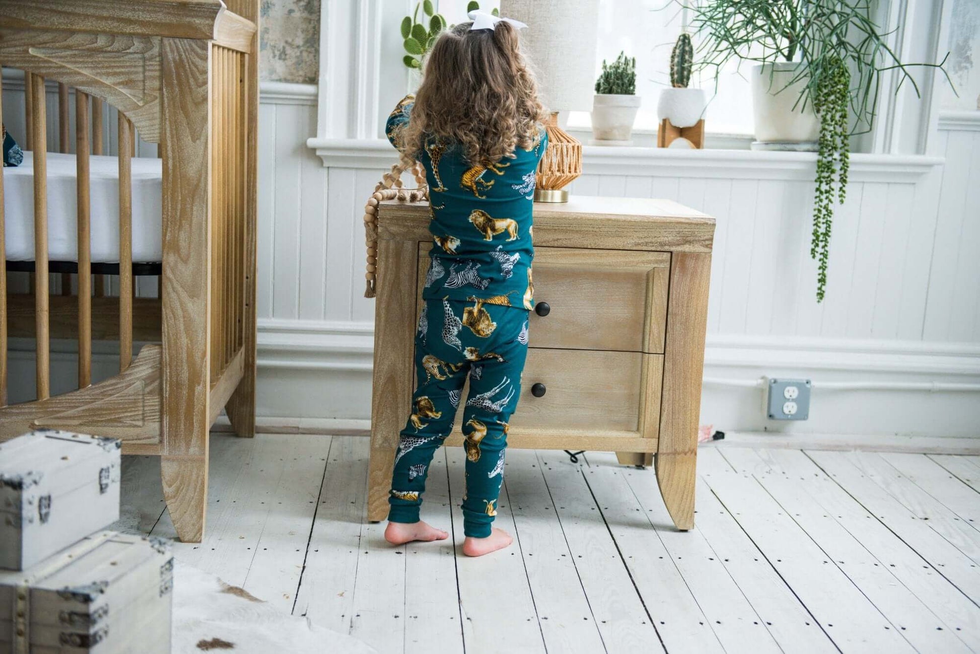 Cameo 2 Drawer Nightstand - Lifestyle Image Front View Cameo 2 Drawer Nightstand Toast Behind The Girl