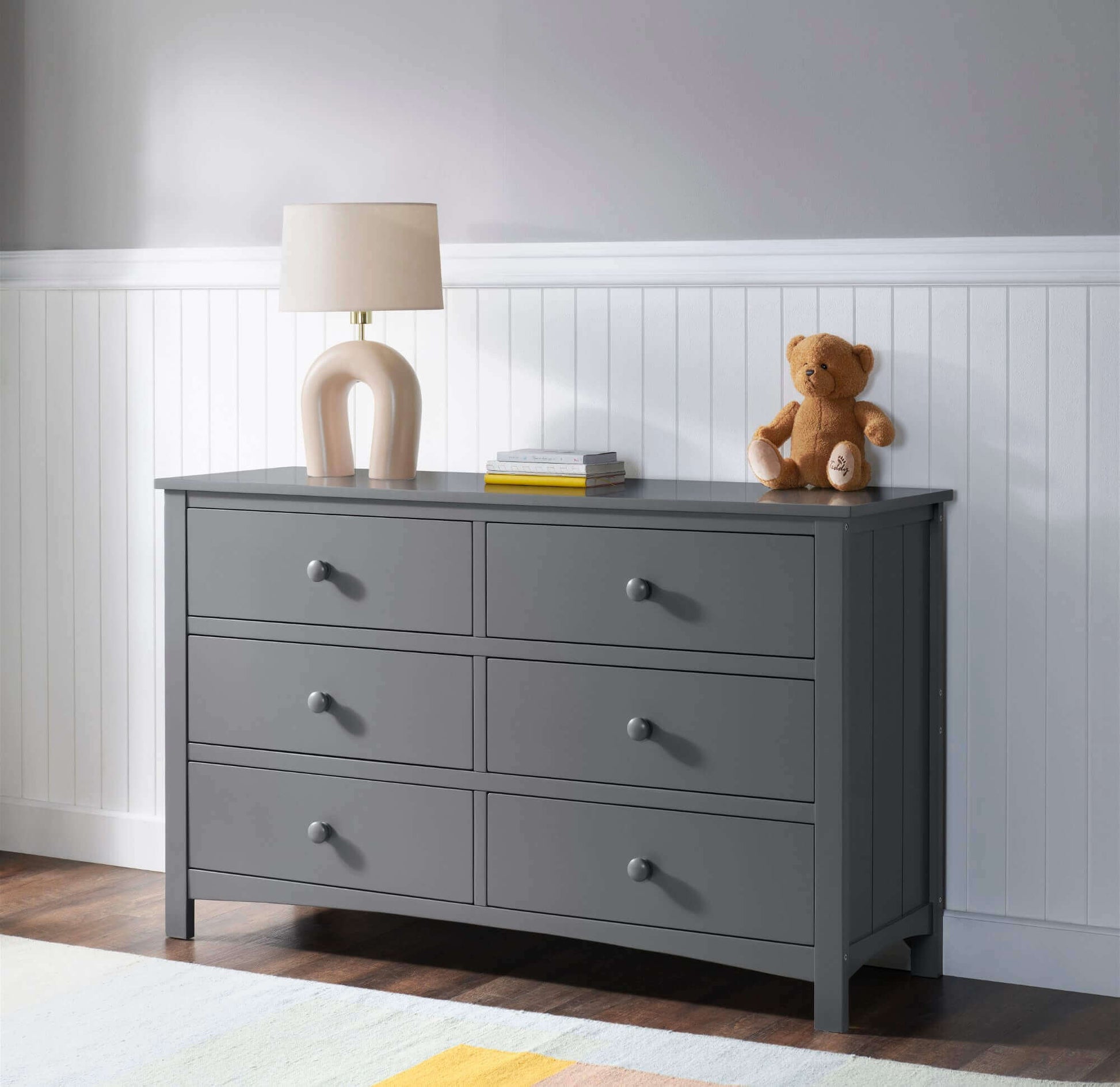 Universal 6-Drawer Dresser - Lifestyle Image Inclined Side View of Universal 6-Drawer Dresser Dove gray